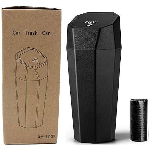Accmor Cubo de basura para automóvil con tapa, mini cubo de basura para vehículo, organizador de basura con un rollo de bolsa de basura, diseño de