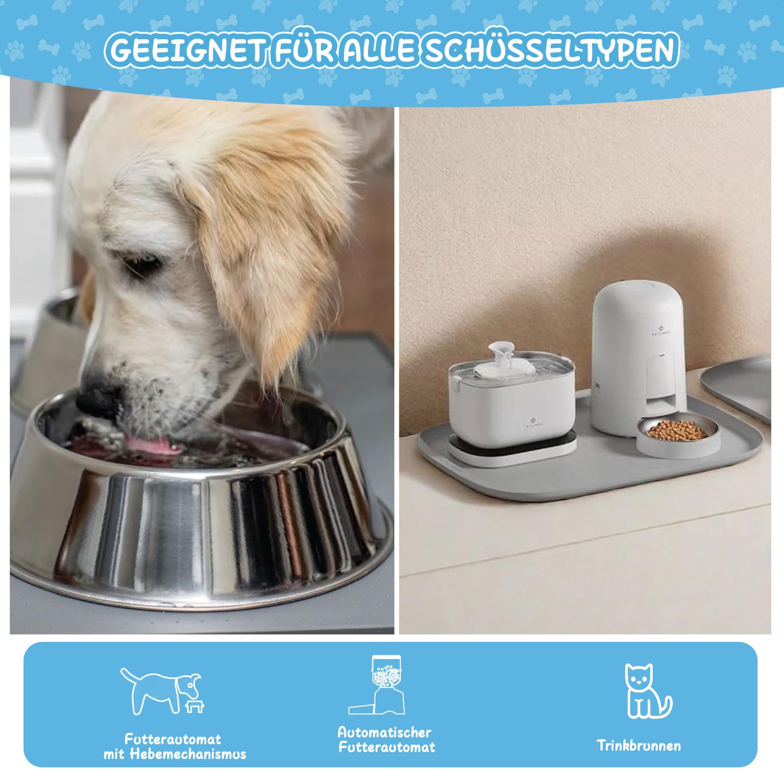 Hundefuttermatte - Silikon-Futtermatte für Haustiere, rutschfeste Katzennapfmatte, Wasserdichtes Tablett-Kissen, Napfunterlage Katzen für Mittlere und Kleine Haustiere (Hell-Grau, 45x30 cm)