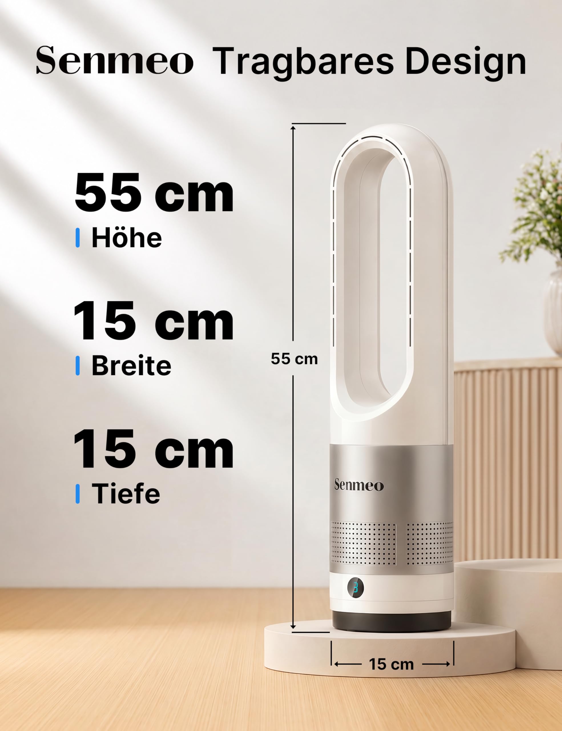 Rotorloser Turmventilator 55 cm | Fernbedienung, 90° Oszillation, 8 Geschwindigkeiten, 9H Timer, LED-Anzeige