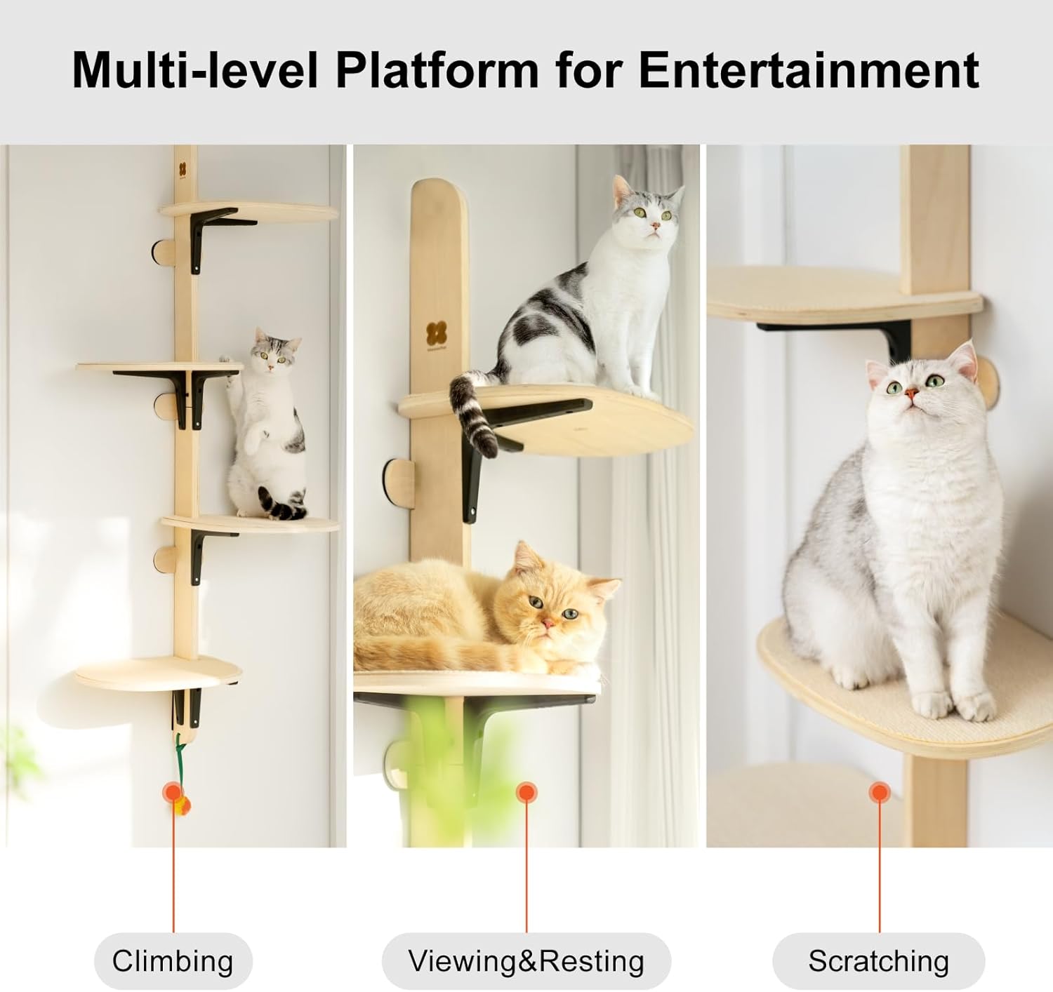 review MEWOOFUN 4-Levels Wall Mounted Cat Climber Shelves Tree Wooden Cat Wall Furniture with Carpeted Plank for Indoor Cats (Wall Mounted-65.4