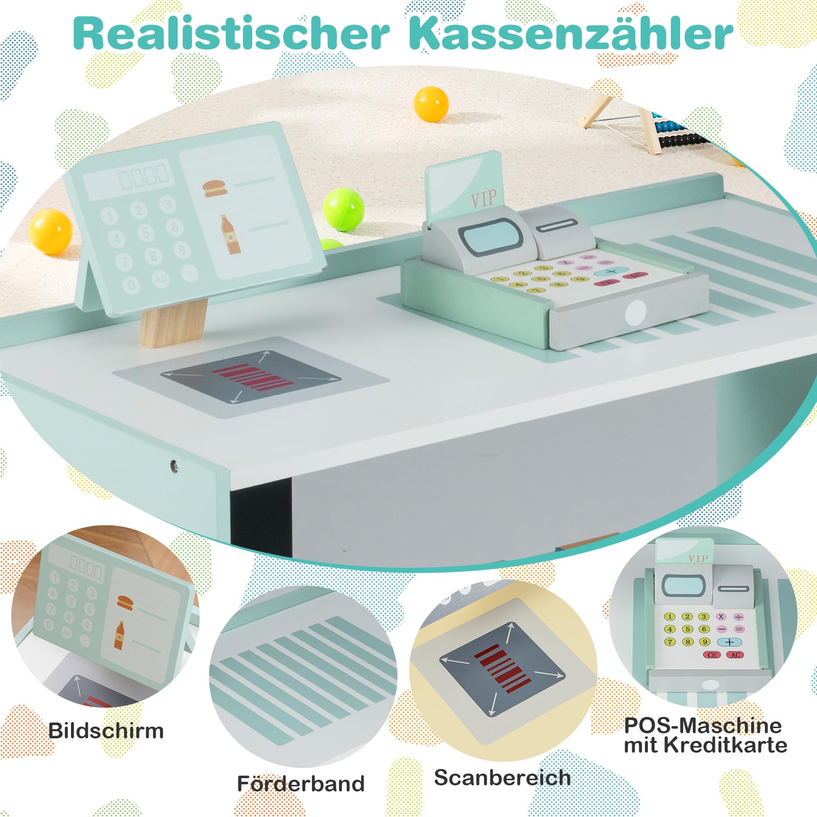 COSTWAY Kinder Kaufladen, Kaufmannsladen aus Holz mit Seitentheke, Supermarkt-Set mit Kasse, POS-Maschine, Verkaufsautomat & Kreidetafel, Einkaufsladen Verkaufsstand für Kinder ab 3 Jahren (Minzgrün)