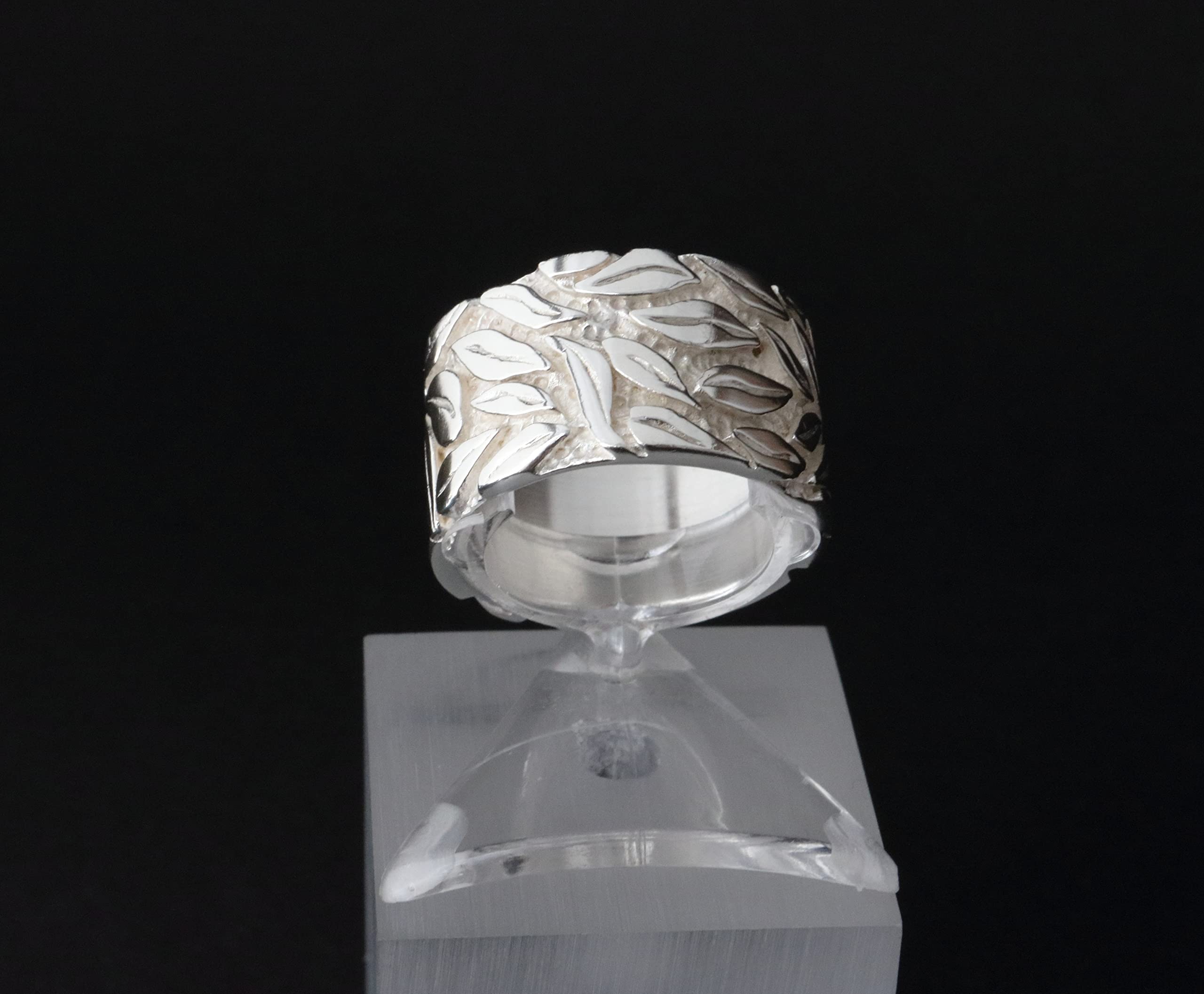 Breiter Silberring für Damen 925er Sterling Silber Bandring Blatt Blättermuster | RG: