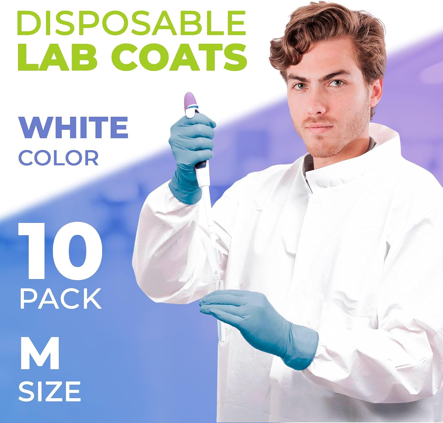 AMZ Medical Supply Disposable Lab Coats Medium, 60gsm Microporous Long Sleeve, Elastic Cuffs, Hook & Loop Closure, Mandarin Collar, White, No Pockets, Pack of 10
