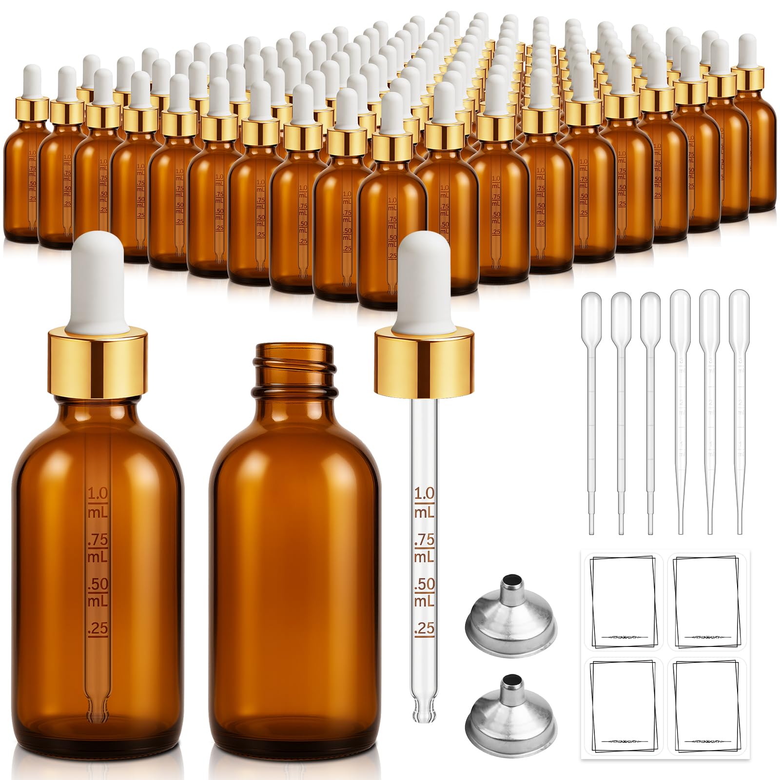 Botella cuentagotas de 2 onzas, botellas de cristal ámbar Bumobum con tapa superior dorada para aceites esenciales, paquete de 99 botellas de tintura con etiquetas y embudo