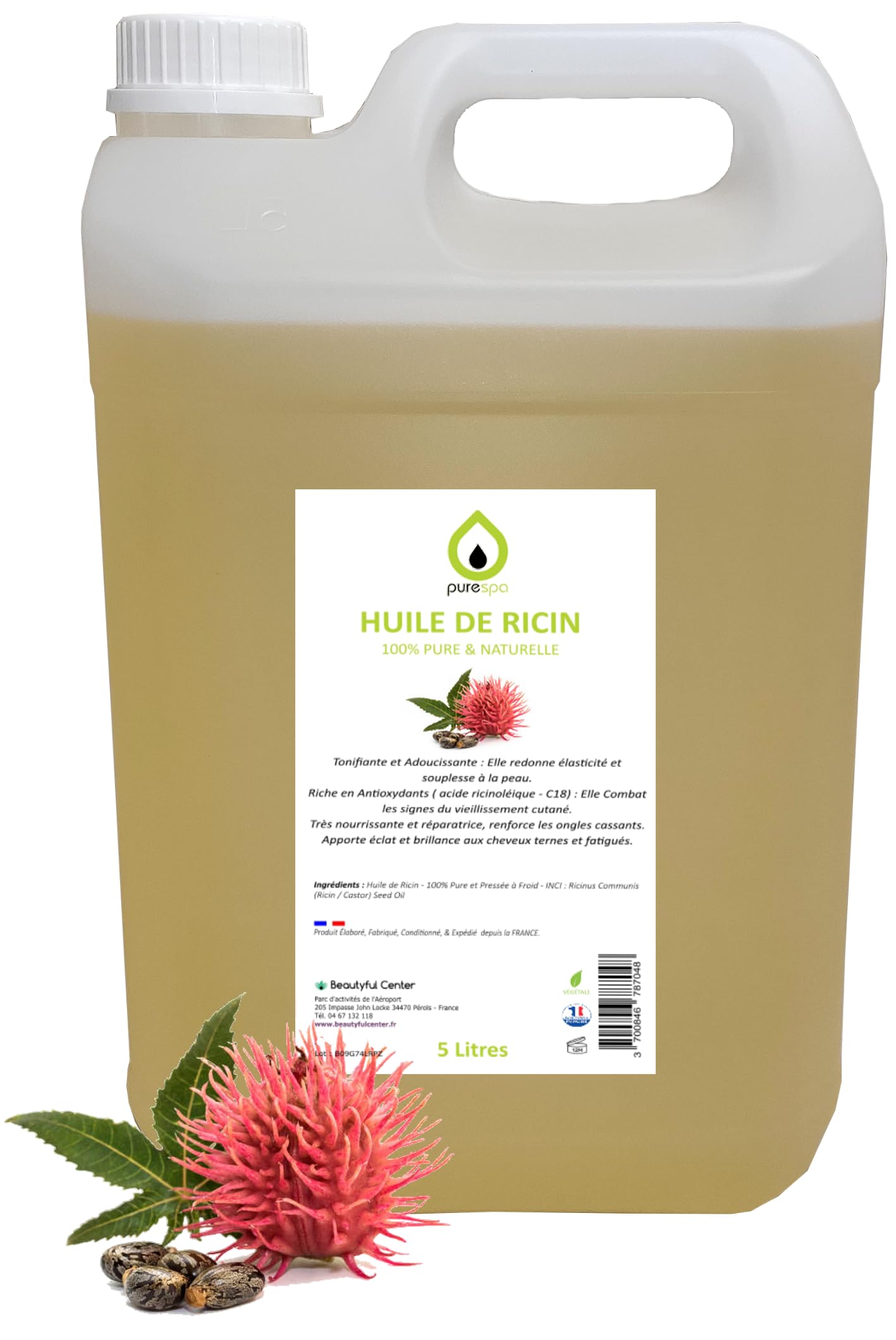 BeautyfulCenter | Purespa | Huile végétale de RICIN pressée à froid- 100% PURE - 5 Litres, soin du cheveu et de l'ongle