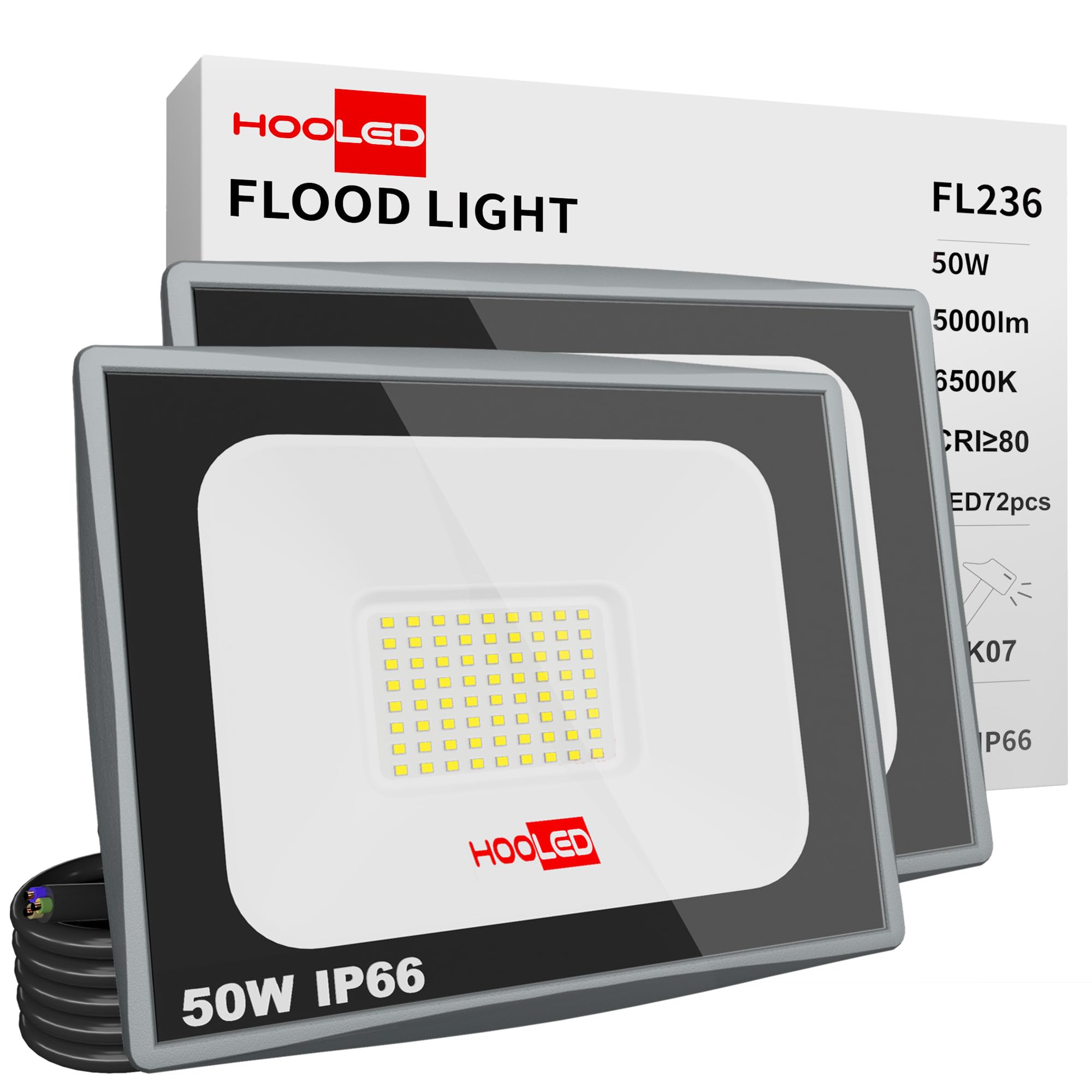 Projecteur LED extérieur 50W 100W 200W, IP66 étanche, écoénergétique, idéal pour jardin, cour et garage, Luminosité élevée et installation facile (50W, 2)