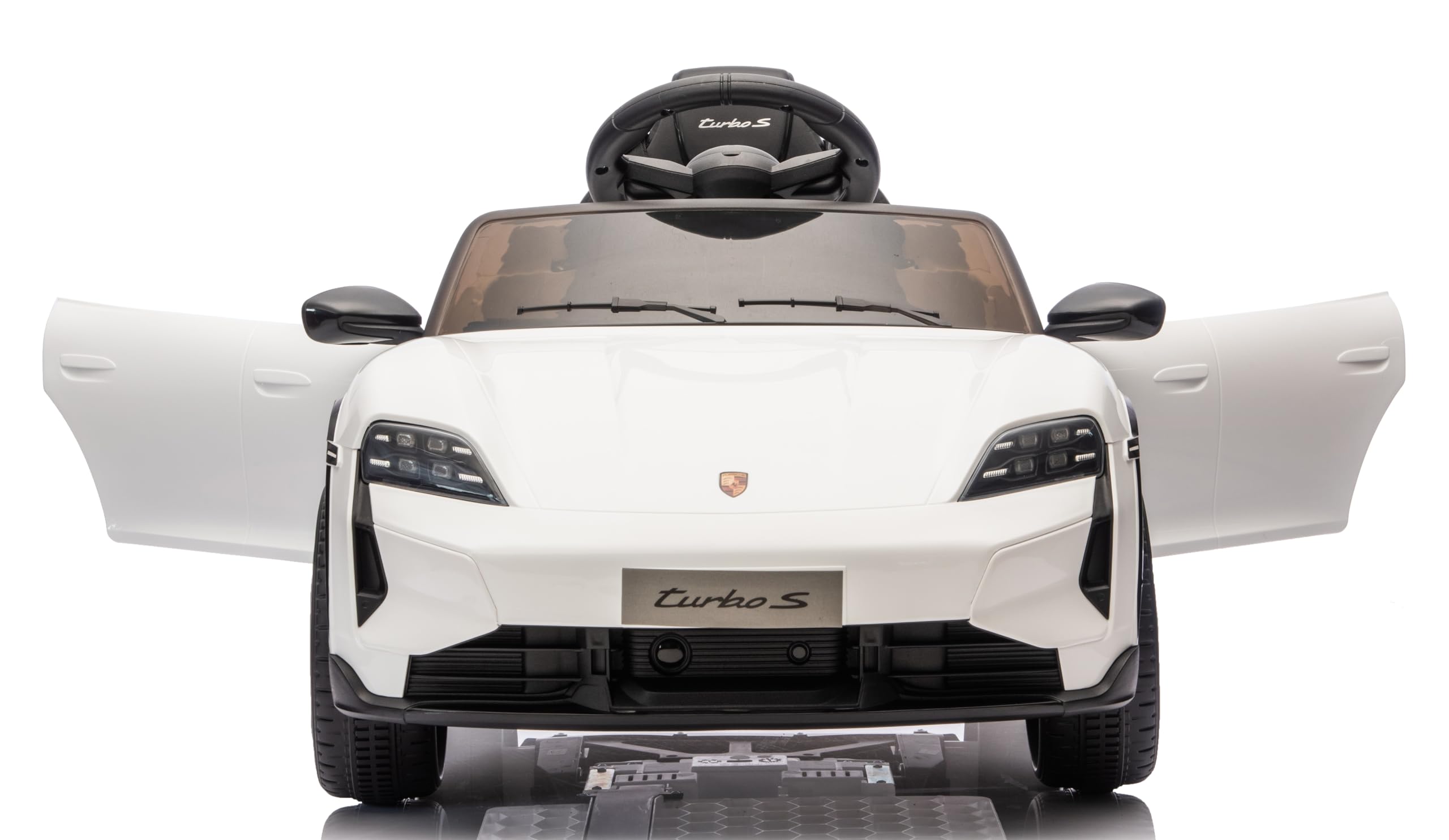 Porsche Taycan Turbo S Macchina Elettrica per Bambini 12V con Telecomando Cintura a 3 Punti Fari a Led Bluetooth Auto Elettrica Full Optional (Bianco)