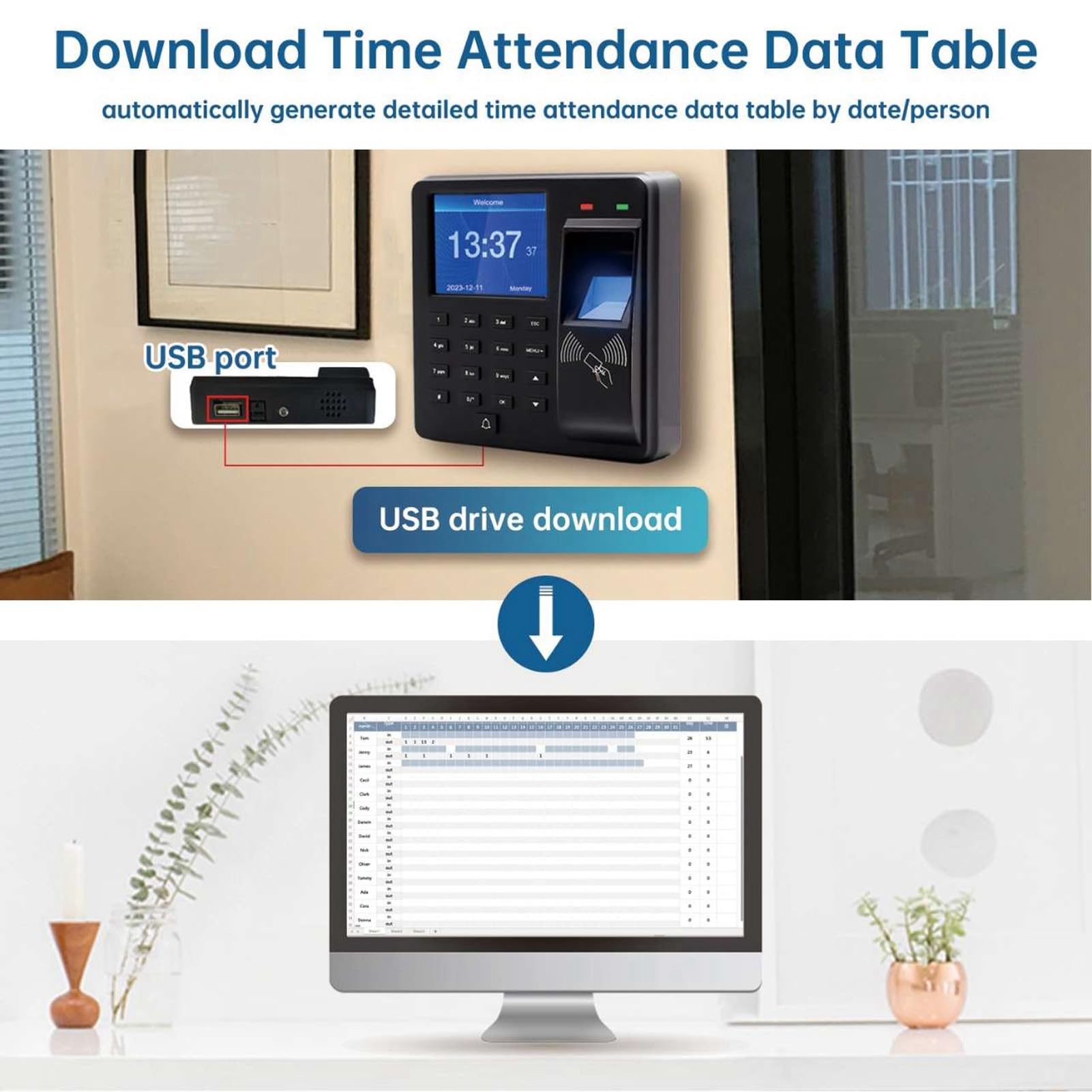 Greensen Orologio Marcatempo, Orologi Marcatempo per Dipendenti Piccole Imprese con Riconoscimento Impronta Digitale Password ID Card Macchina Presenze Standalone USB Download Dati per