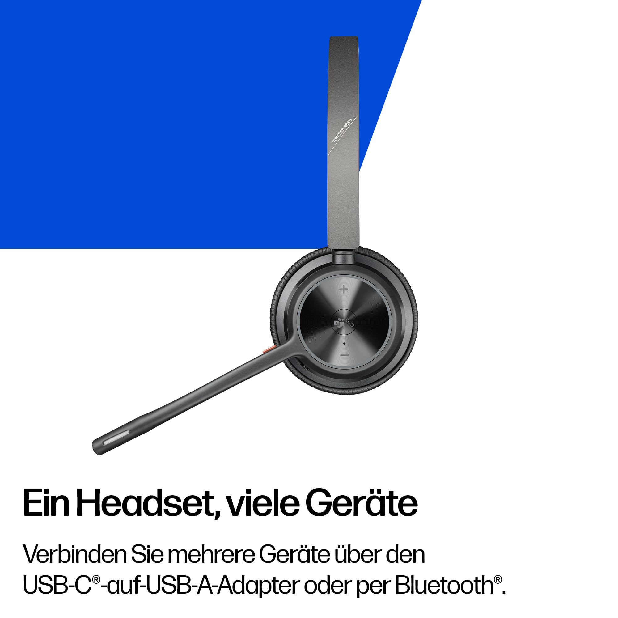 Poly Voyager 4320 UC schnurloses Headset, Stereo-Kopfhörer mit Noise Cancelling-Mikrofonarm, Verbindung mit PC/Mac/Mobiltelefon über Bluetooth, Kompatibel mit Teams (zertifiziert), Zoom und andere