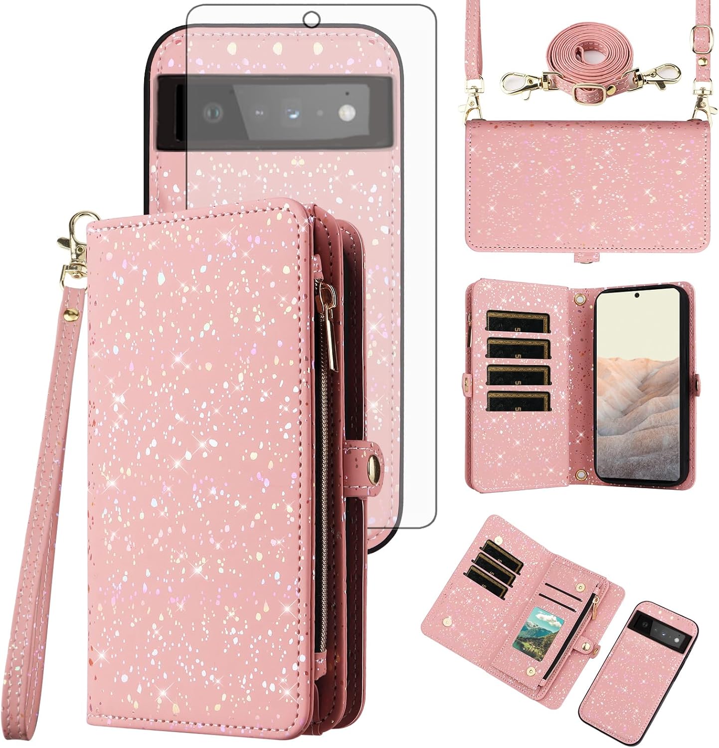 Asuwish Phone Case for Google Pixel 6 Pro Zipper Wallet Magnetic Detachable Cover with Screen Protector and Glitter Card Holder Slot Stand Cell Pixel6Pro Pixel6 XL 6XL Pixle 6Pro 5G Women Men Pink