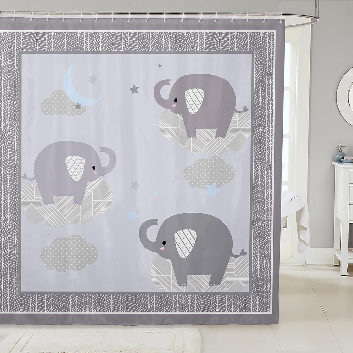 Cute Elephant Shower Curtain Kids Cartoon Elephant Bathroom Curtain for Girls Boys Teens Bathtub Decor Boho Geometric Arrow Grey Waterproof Curtain Animals Theme Bath Curtain,12 Hooks,72" Wx84 L