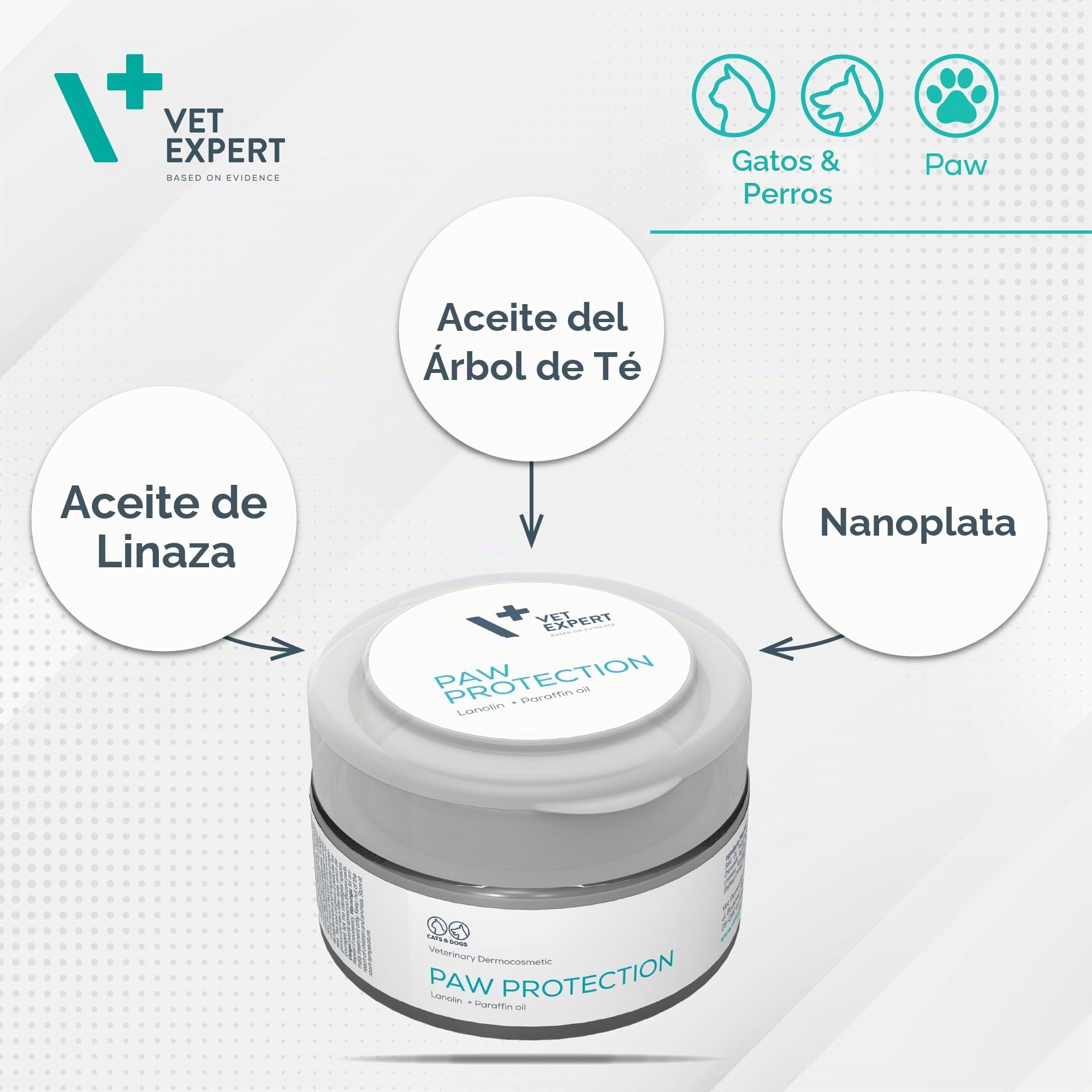 Vet Expert Pomada de protección de patas para perros y gatos, protector e hidratante con aceite de linaza, aceite de árbol de té y nanoplata, 75 ml