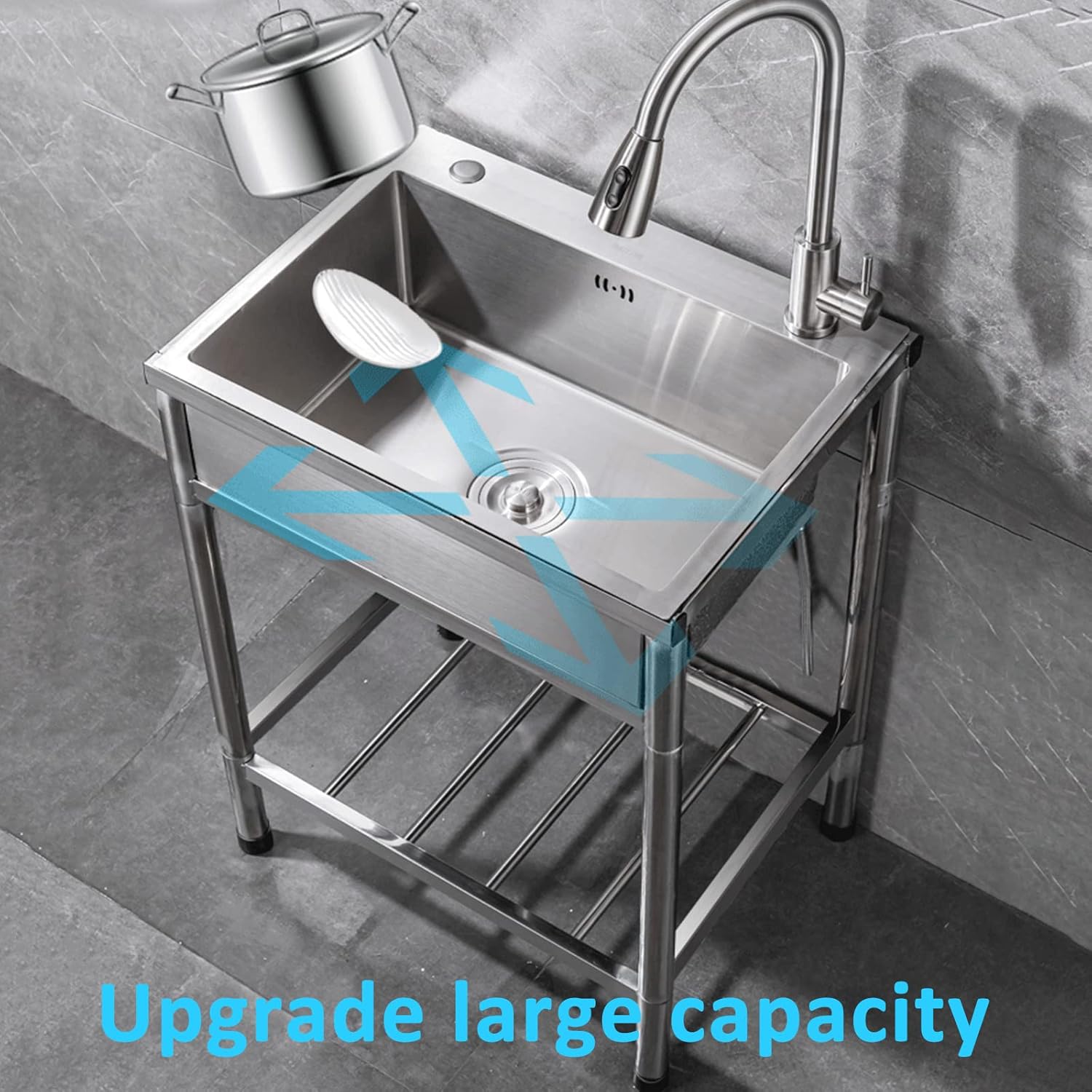 Hand Wash Basin with Stand Freestanding Stainless Steel Commercial Restaurant Kitchen Sink Set for Laundry Room Garage Kitchen Outdoor Indoor (65x45cm)