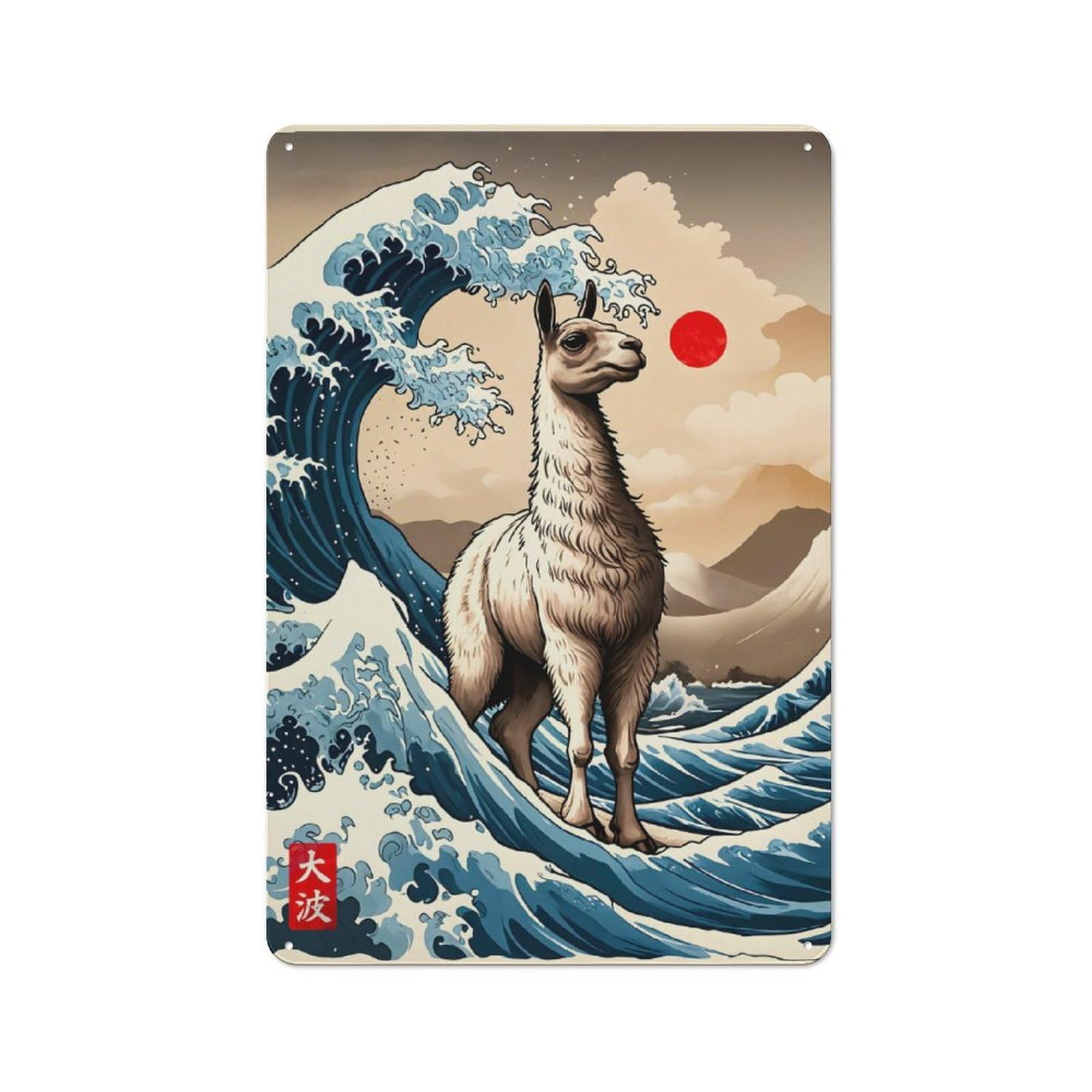 Junmoney Great Wave Of Llama Tin Wall Sign With Design 30X20cm, Classic Bistro Wall Plaque For Bakery, Diner, Cafe Or Family Room