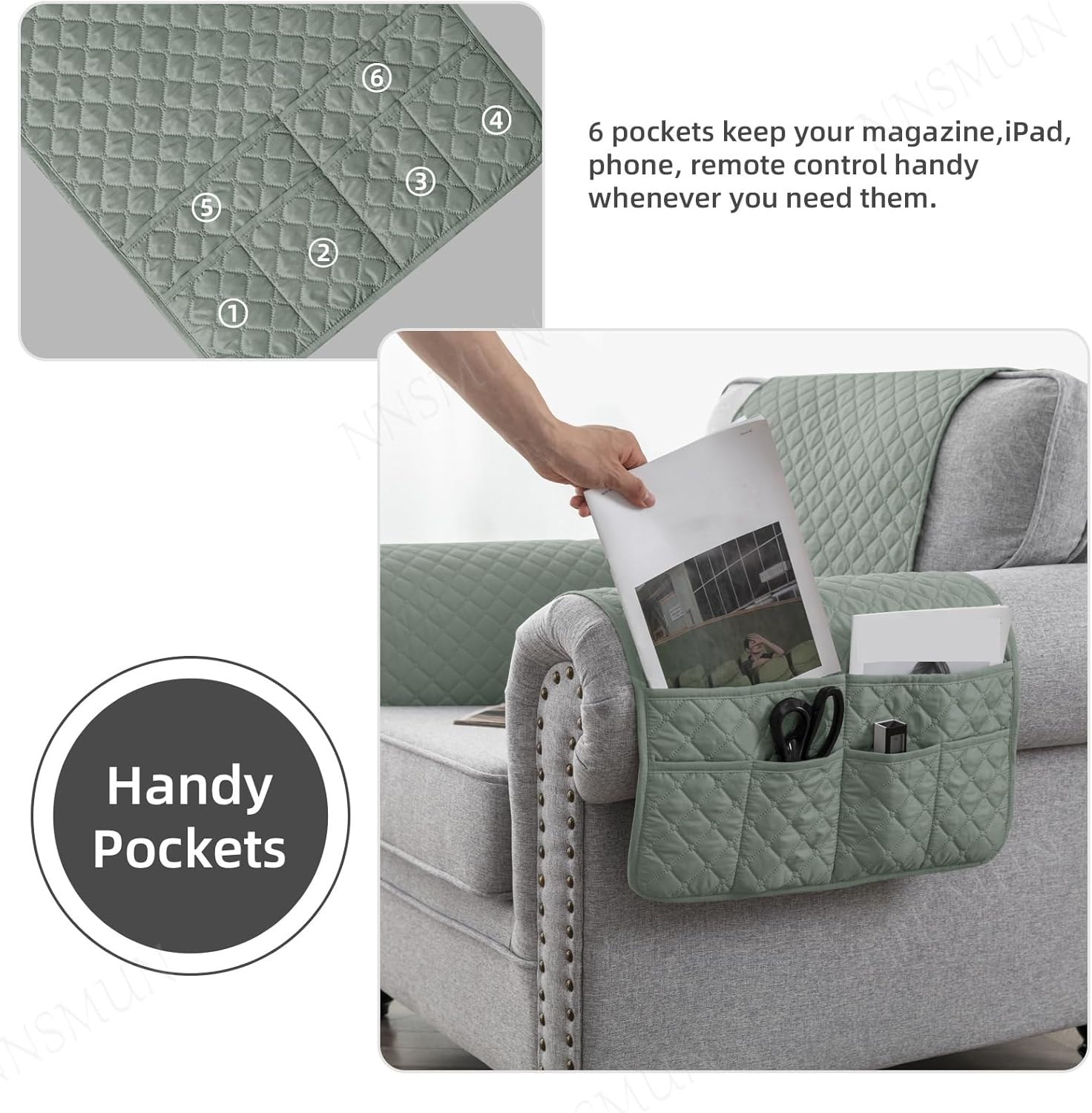 Sofa Armrest Cover 3/4/5Pcs, Waterproof and Nonslip Armchair Covers for Arms Headrest, Sofa Slipcover with Side Pocket, Quilted Protector for Pets Leather Couch (Light Green,1 Seater(3pcs))