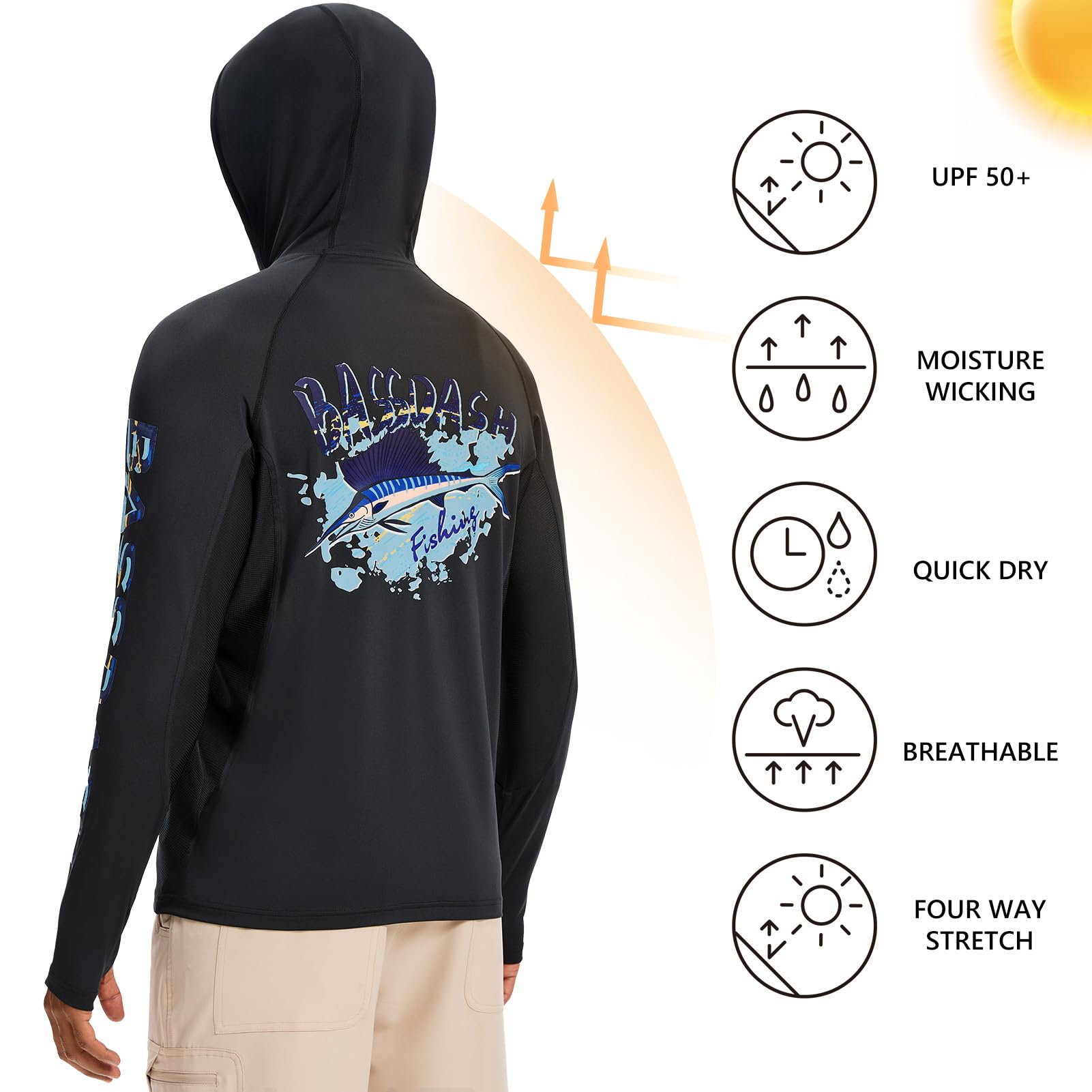 Bassdash Sudadera con Capucha Hombre con Mascarilla, UPF 50+, Estampado de Pesca, Manga Larga, Tejido Técnico Transpirable y Secado Rápido, Modelo FS47M