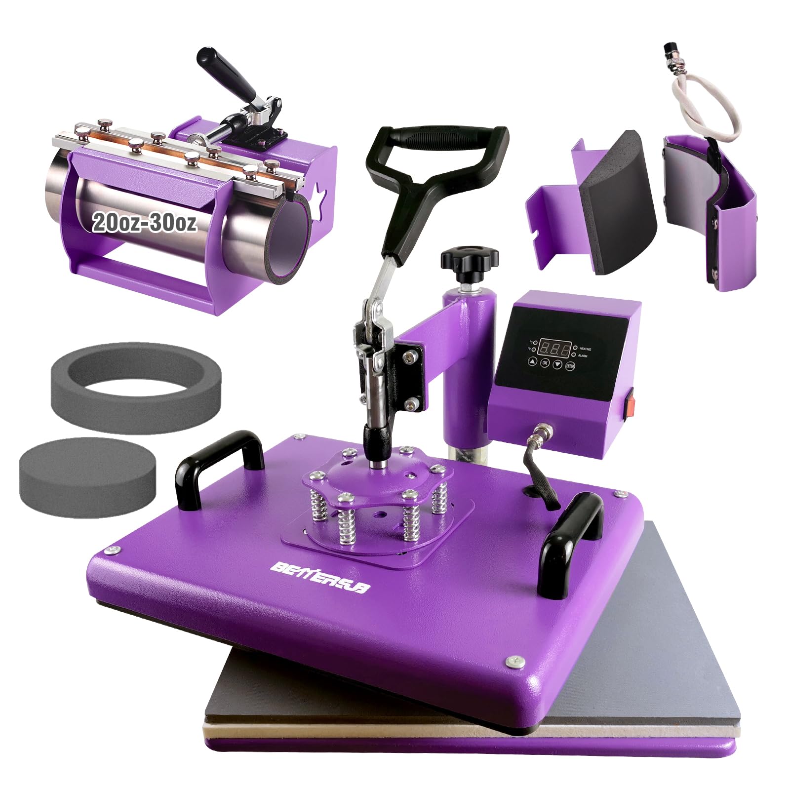 BetterSub 5 in 1 Heat Press Machine 12x15 inch, Industrial-Quality Sublimation Press with 30oz Tumbler Attachment & Curved Hat Plate, 360° Swivel Design for T-Shirts, Vinyl, DTF Film - Purple