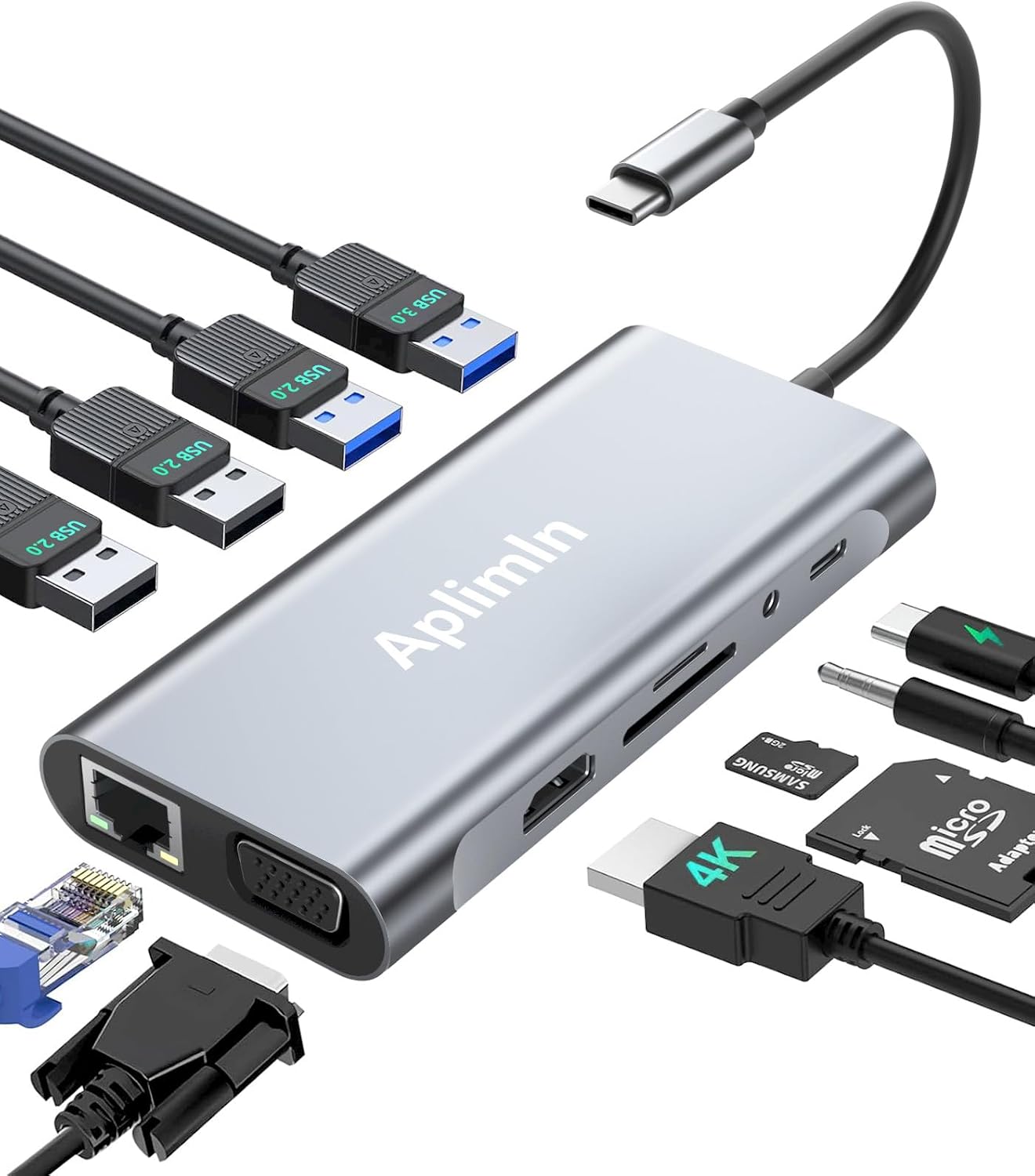 HUB USB C 11 in 1 USB C a 4K HDMI VGA USB 3.0 PD Tipo C Ethernet Lettore di schede SD/TF Docking station USB C AUX da 3,5 mm per dispositivi MacBook Pro/Air Plus Tipo C