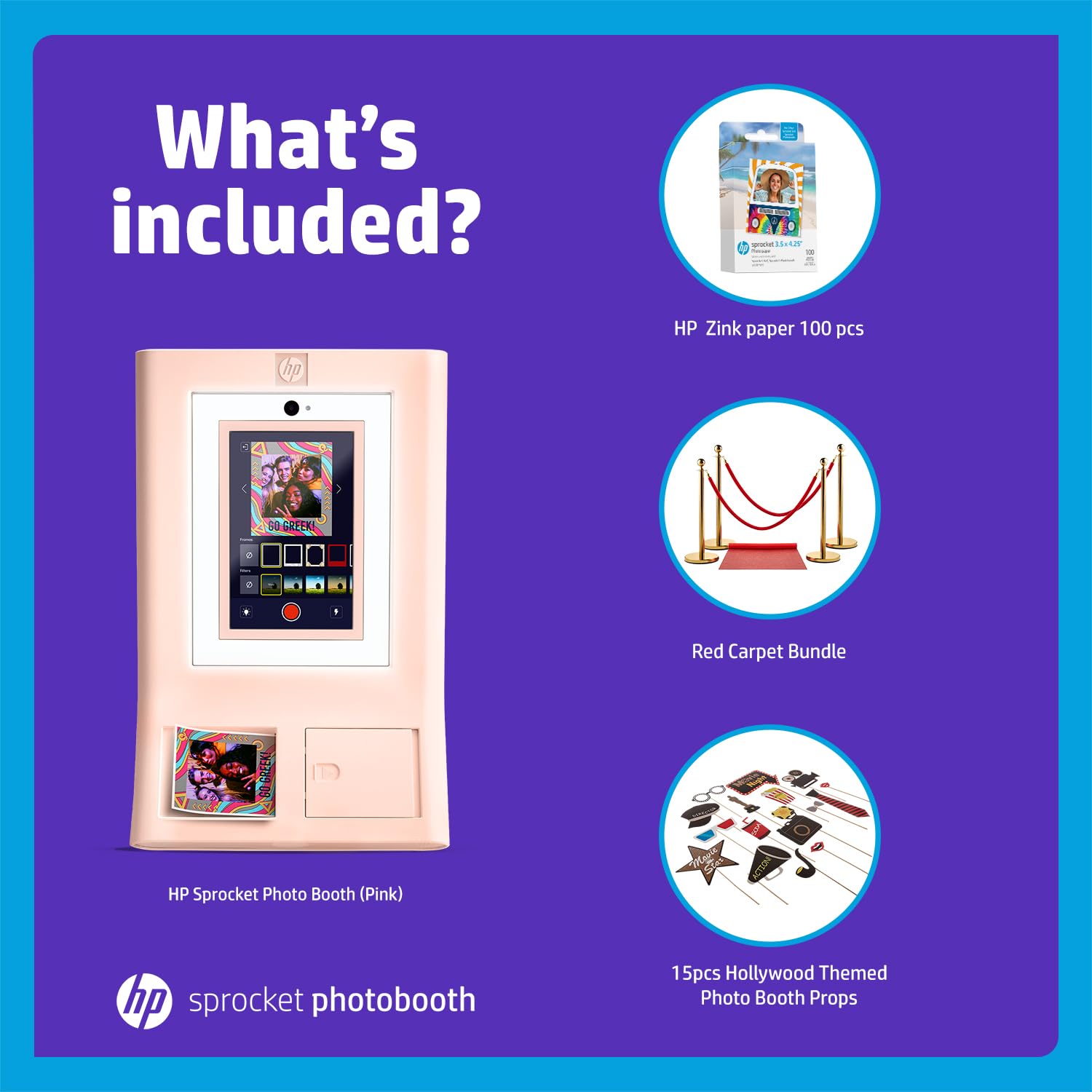 HP Sprocket Cabina fotografica Stampante fotografica istantanea a colori (rosa) + Carta Zink (100 fogli) + Red Carpet (1) + Accessori Hollywood (1).