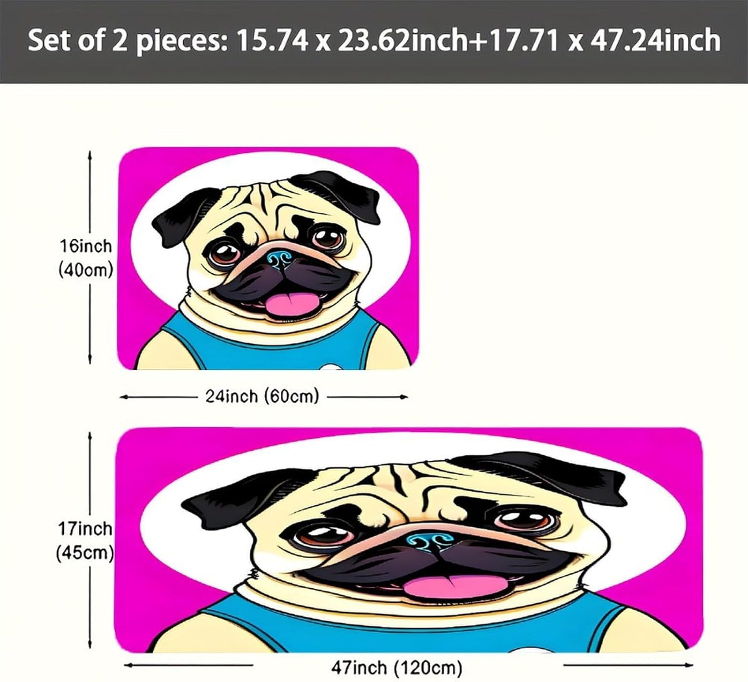 Funny Cartoon Pug Puppy Dog Kitchen Mats with 2PCS Non-Slip Washable,Kitchen Rug Heavy Duty Durable, Floor Mats for Kitchen,Office,Sink,Laundry