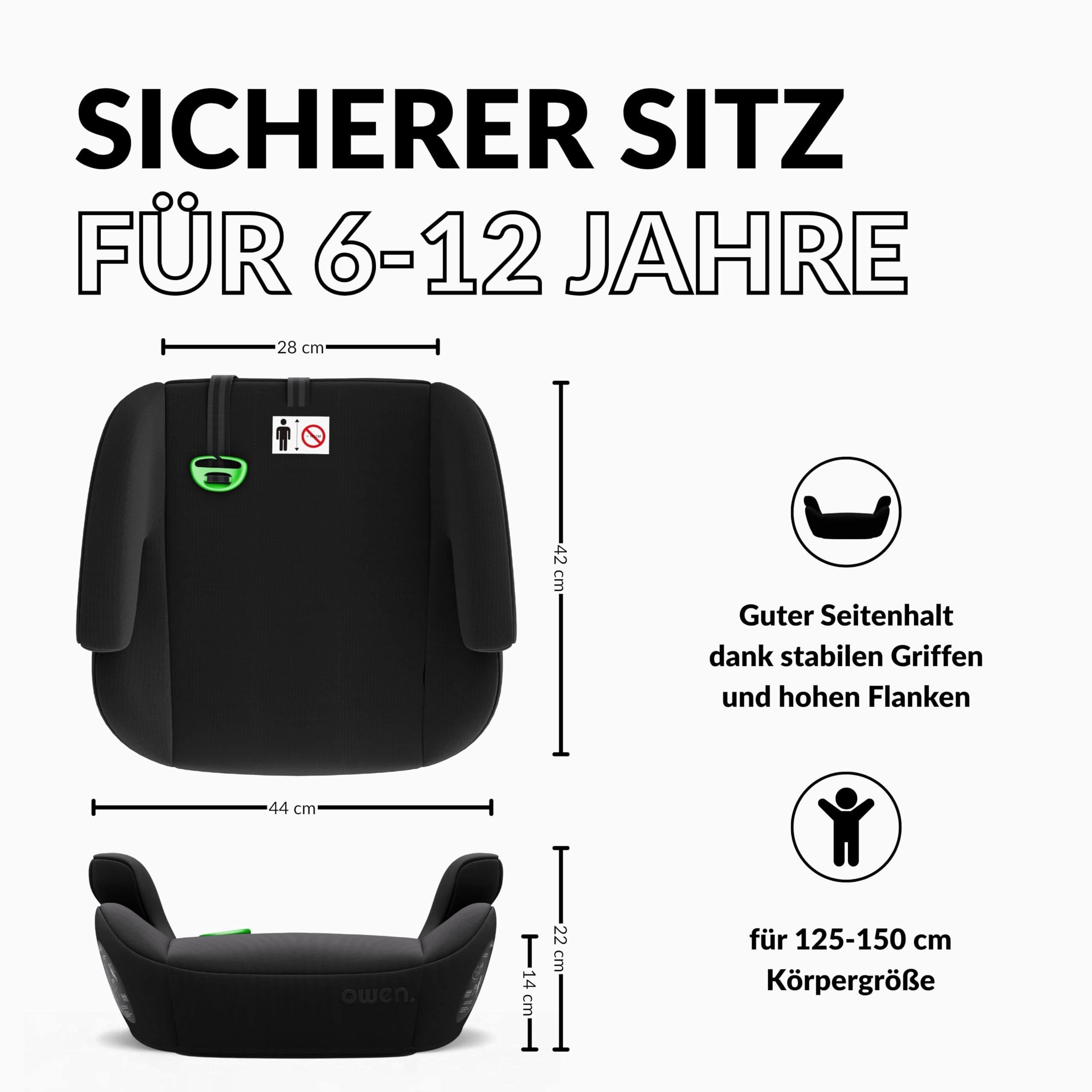 OWEN Sitzerhöhung Auto ISOFIX Kindersitz Memory-Schaum Wechselbezug 15–36 kg 6–12 Jahre ECE R129 geprüft ergonomisch leicht Bezug waschbar schwarz