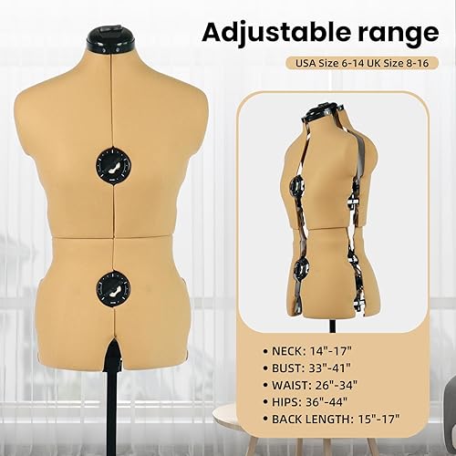 Miniatura 2 de Maniquí de forma de vestido ajustable de cúrcuma para coser mujeres tallas 6-14, cuerpo de modelo pinable con 13 diales, ruedas desmontables, rango