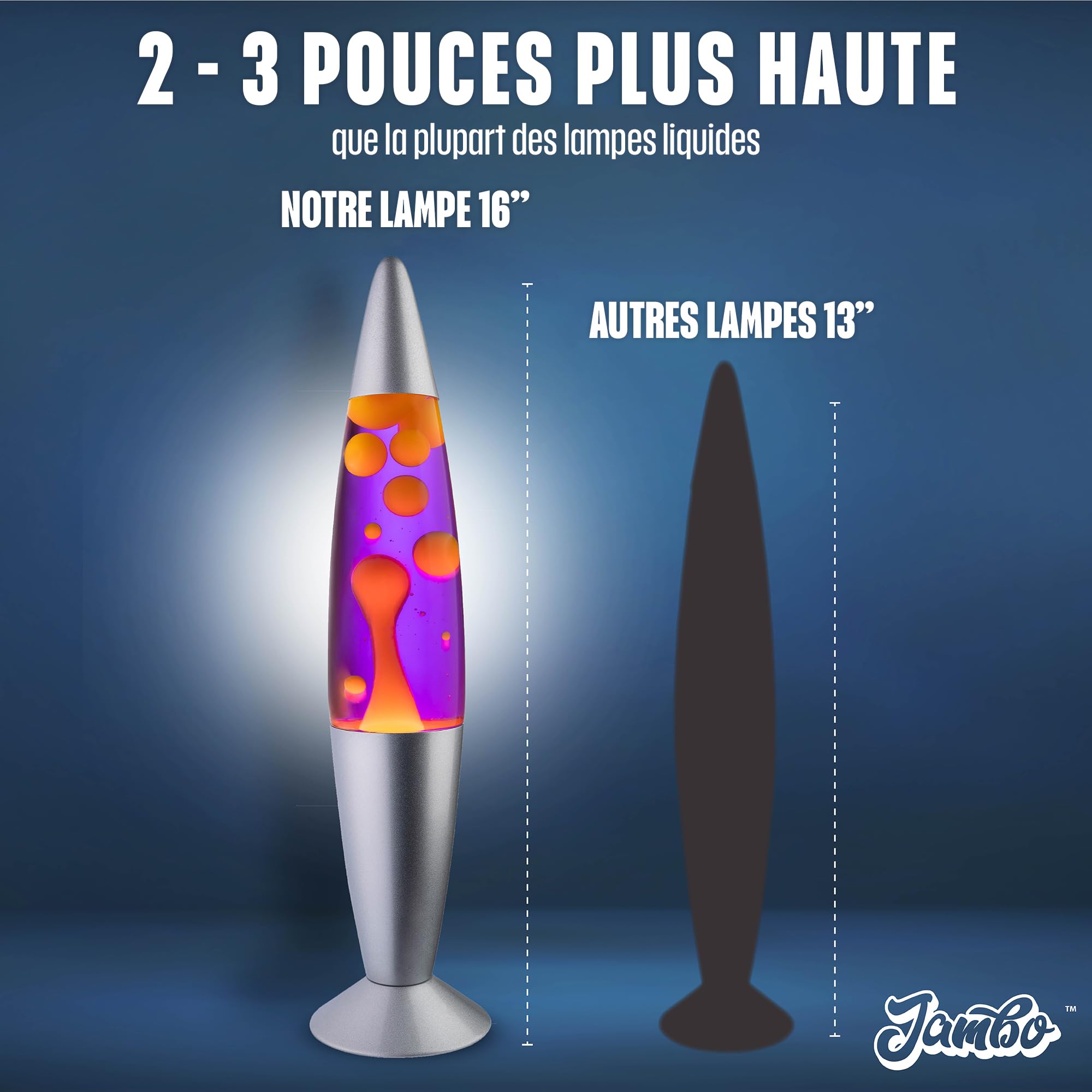 Jambo Lampe à mouvement liquide 16" – Pourpre avec cire jaune/orange – Lampe décorative relaxante pour salon, bureau, chambre
