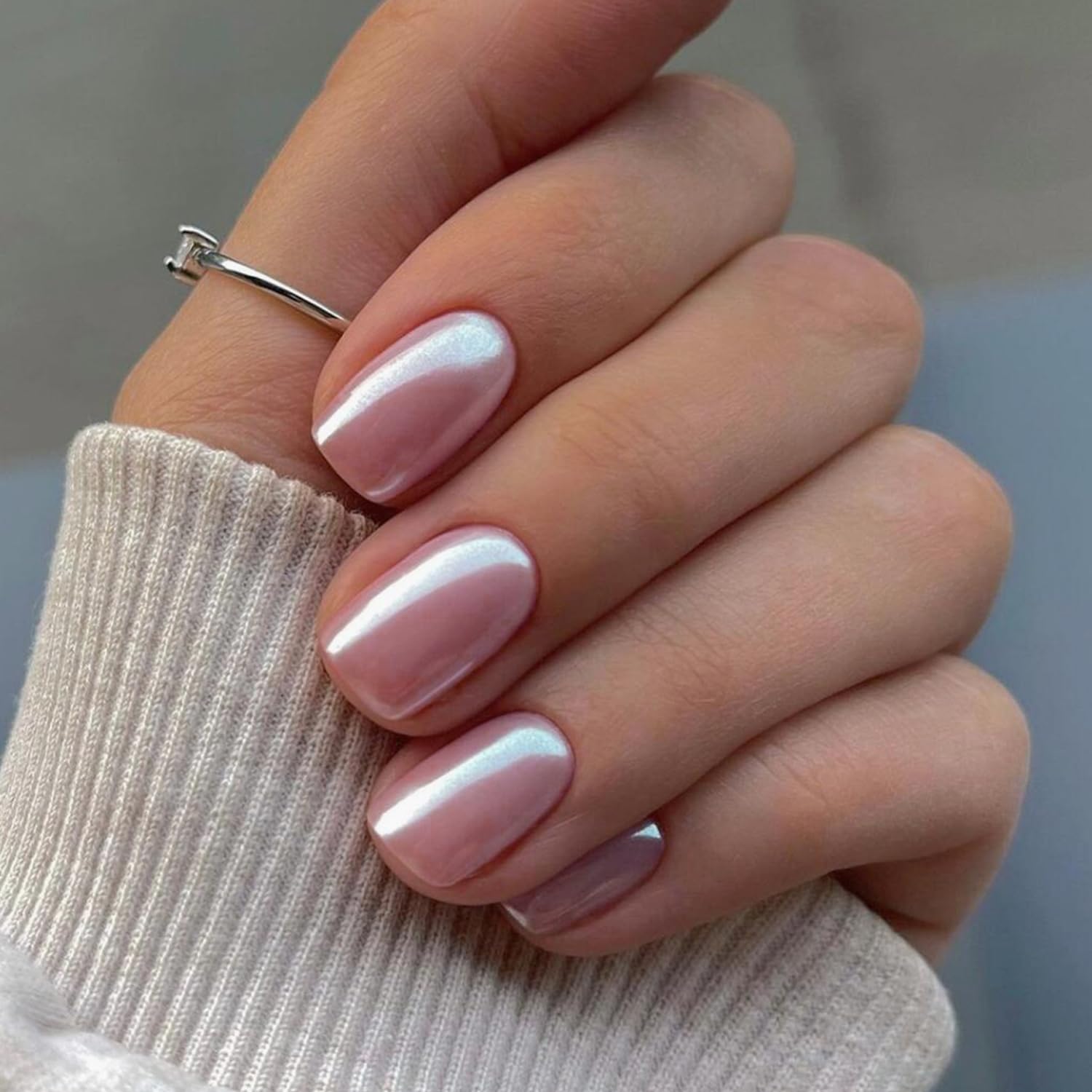 Chrome False Nails Short, SXVME Glazed Nude Pink Press On Nails Short Square, Glitter Shine Fake Nails Short Cute - Image 3