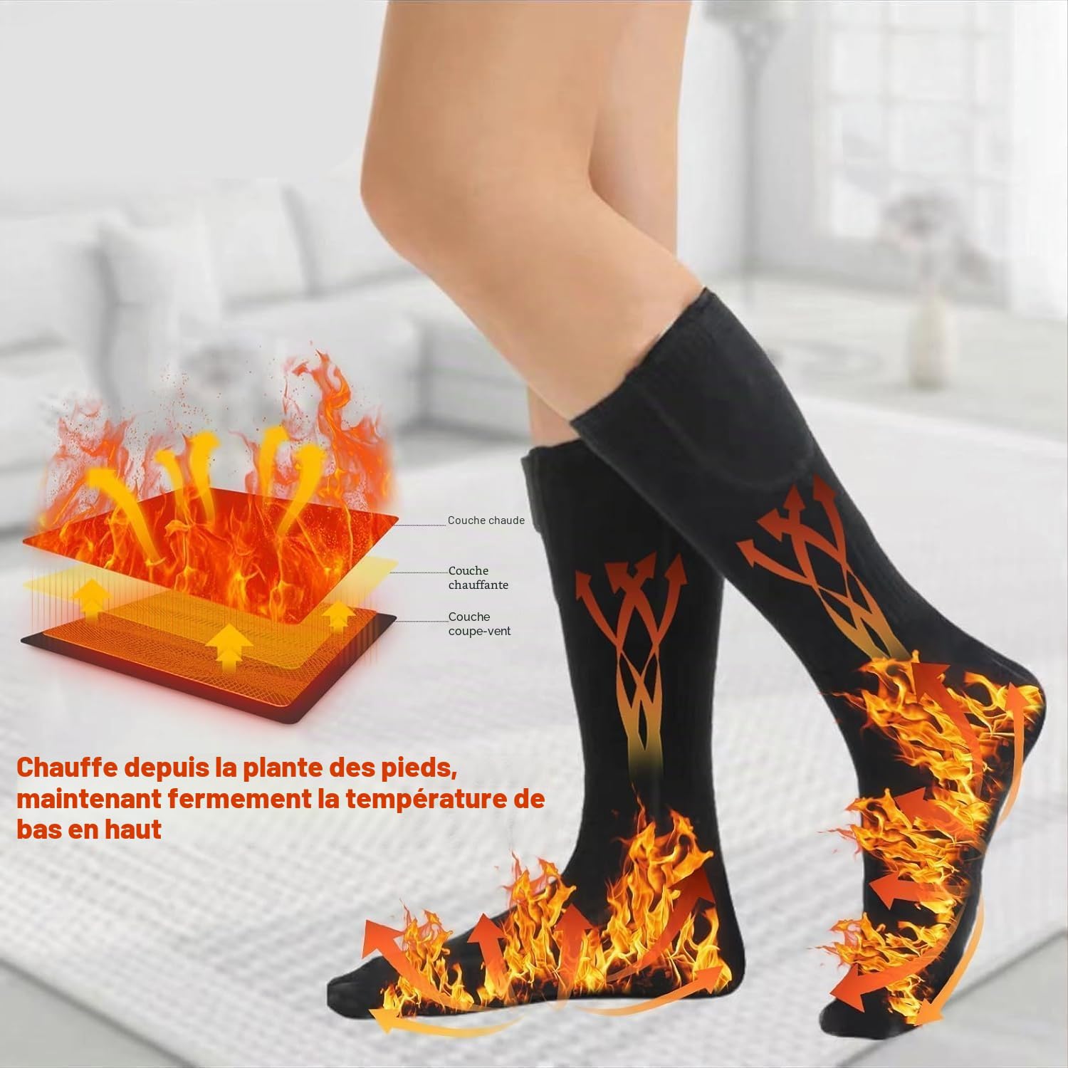 Chaussettes chauffantes électriques, batterie rechargeable 6000 mAh pour homme et femme – 3 niveaux de chauffage lavables pour sports de plein air (chaussettes rechargeables noires)