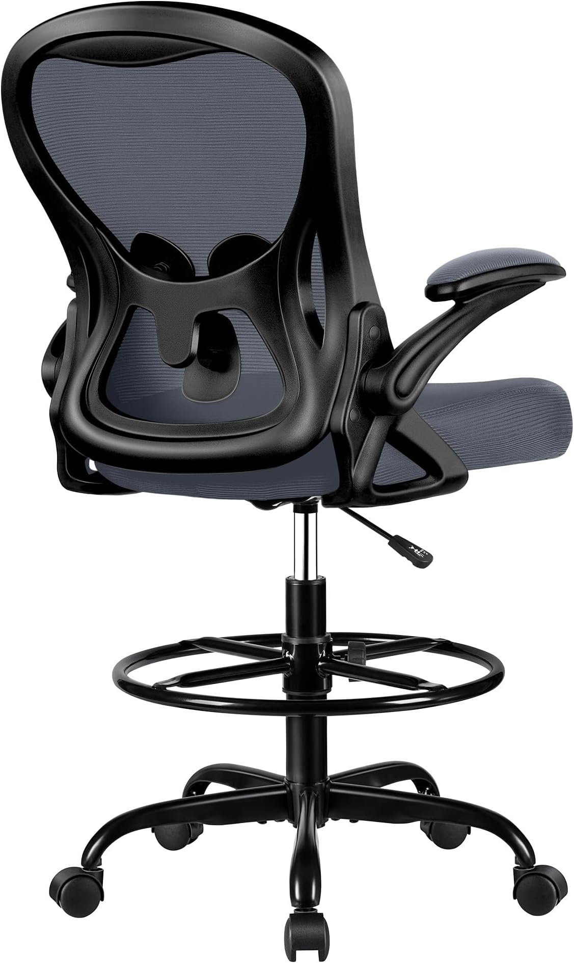 Winrise Drafting Chair, Tall Office Chair Ergonomic Standing Desk Chair, Lumbar Support Computer Chair Swivel Task Rolling Chair with Adjustable Flip-up Armrests & Foot Ring (Dark Gray)