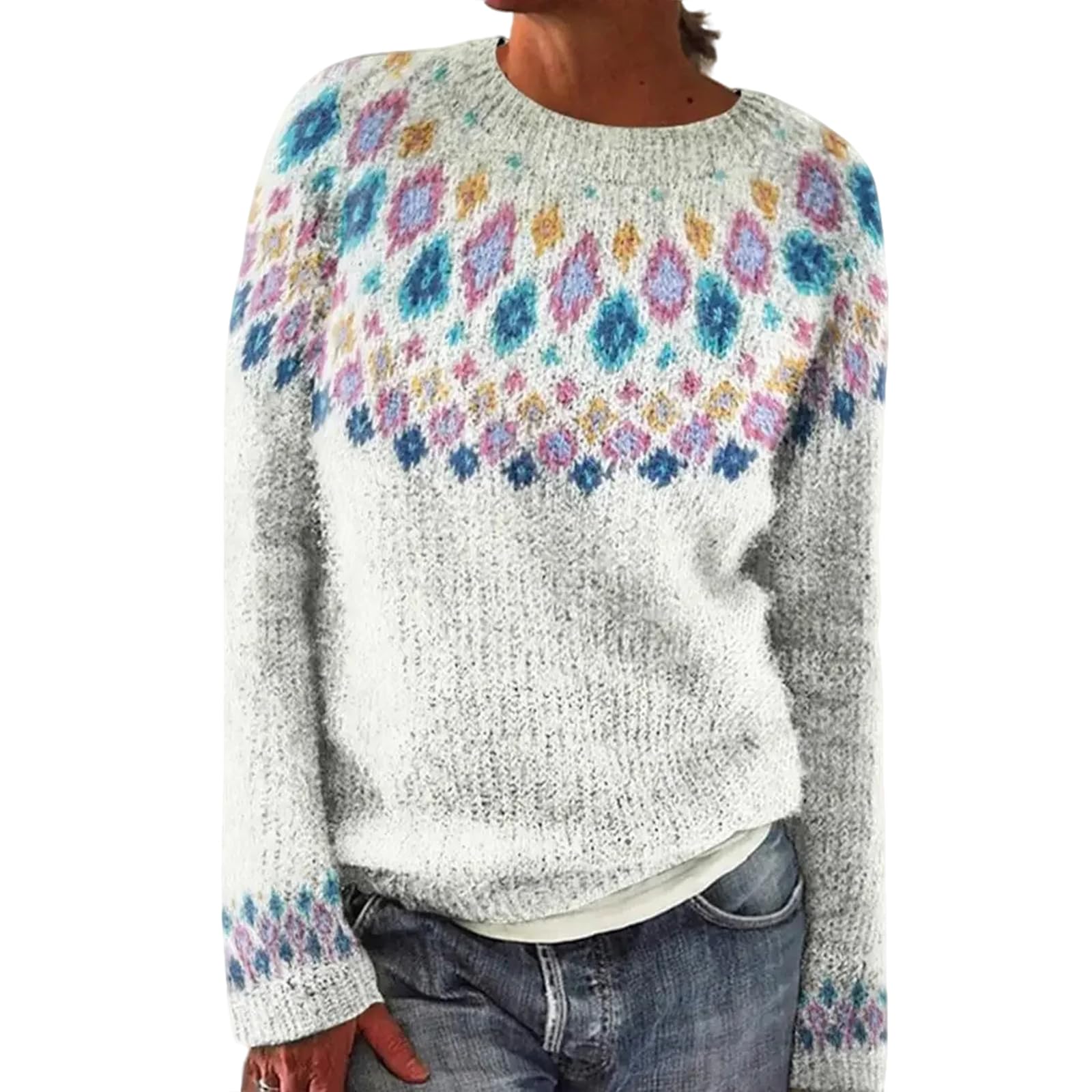 Womens Sweaters Long Sleeve Crew Neck Knitted Pullover Sweater Fall Winter Casual Loose Oversized Vintage Tops with Pattern