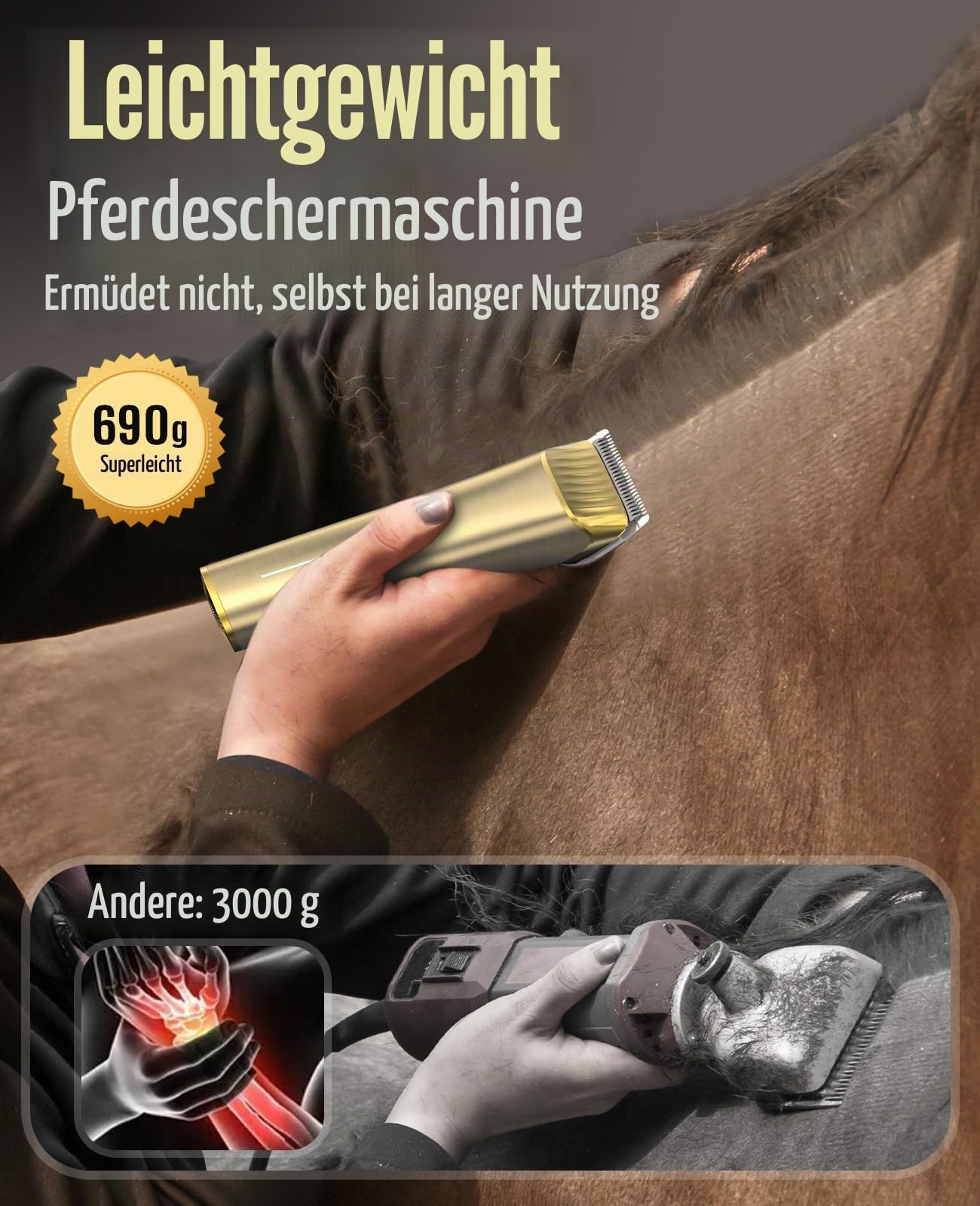 oneisall Pferdepflegeset, kabellos, geräuscharm, für langes, dickes und stumpfes Haar