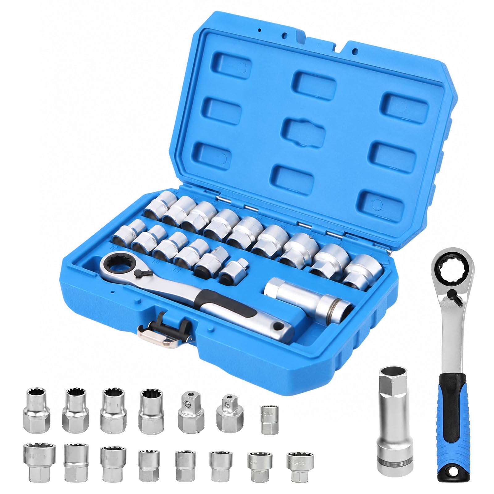 Jeu de 17 clés à douille à cliquet en acier CrV | Cliquet réversible 19 mm, douilles 10-24 mm, rallonge et adaptateur 1/2" et 3/8", pour tiges filetées profondes et écrous