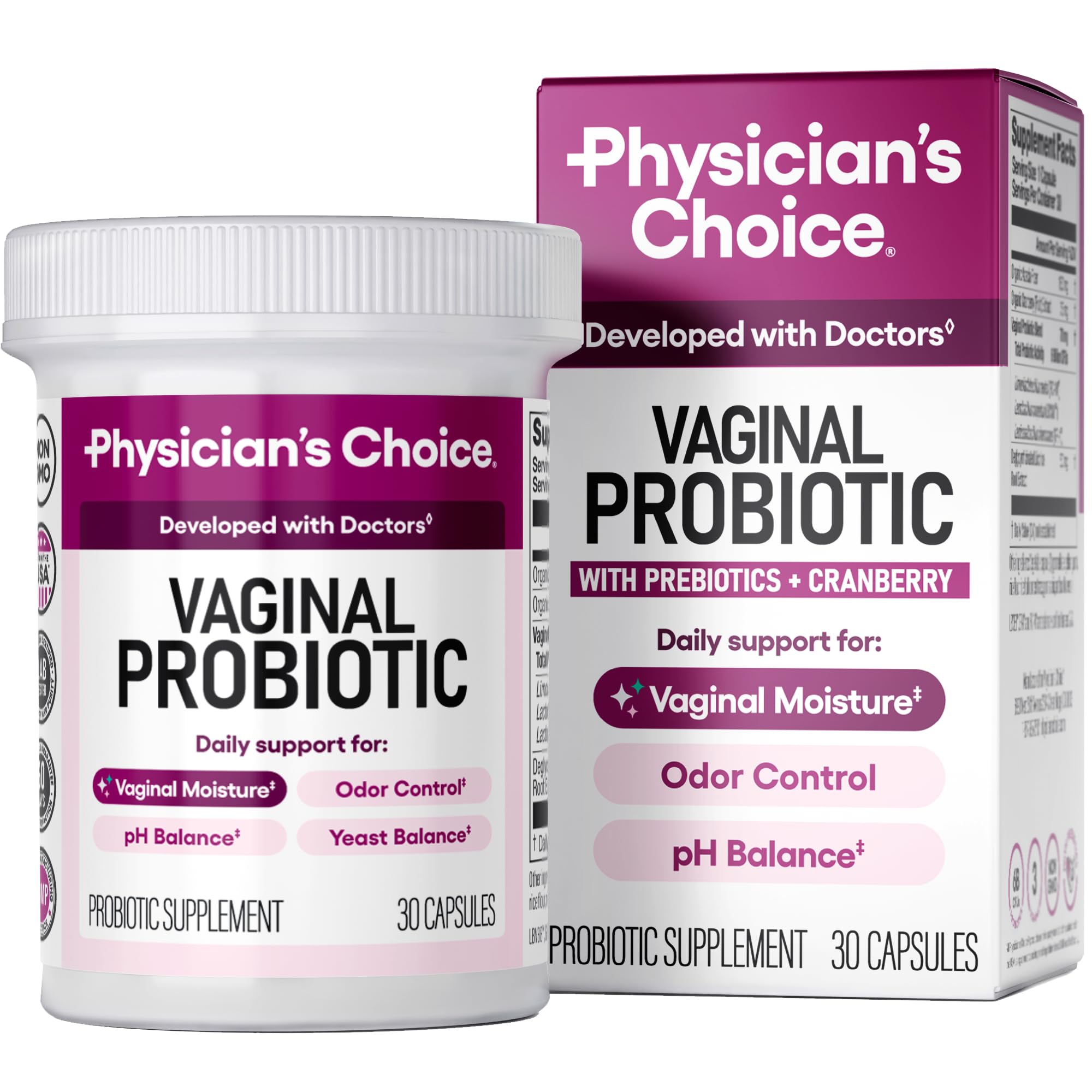 Physician's CHOICE Vaginal Probiotics for Women - Moisture, pH Balance, Odor Control, Yeast Balance, Vaginal Flora, Feminine Health - 6B CFU with Organic Prebiotics and Cranberry Extract - 30 CT