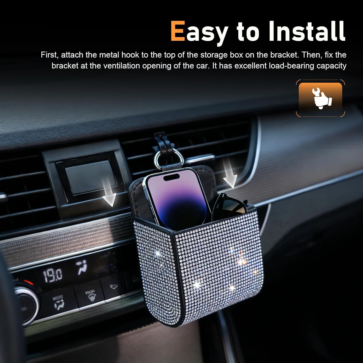 Bling Car Vent Storage Organizer, Rhinestone Car Vent Leather Pocket, Vents Storage Pouch Box for Women, Bling Auto Hanging Bag Pocket for Sunglasses, Key, Coin (White)