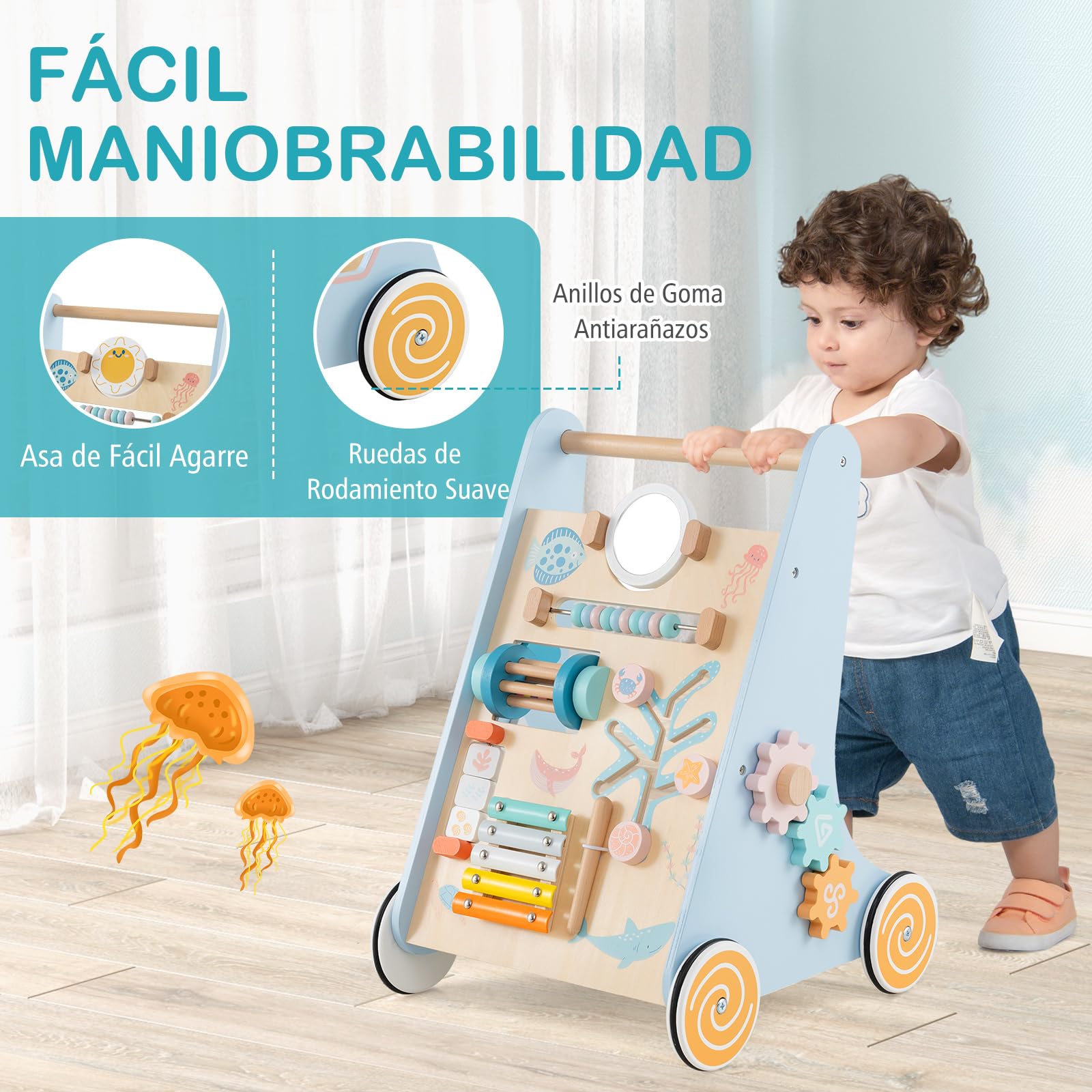 COSTWAY Andador Bebés de Madera 8 en 1, Carrito Correpasillos con juguetes y actividades, Caminador para Bebé Montessori con Ruedas, Tacata Bebe con Accesorios