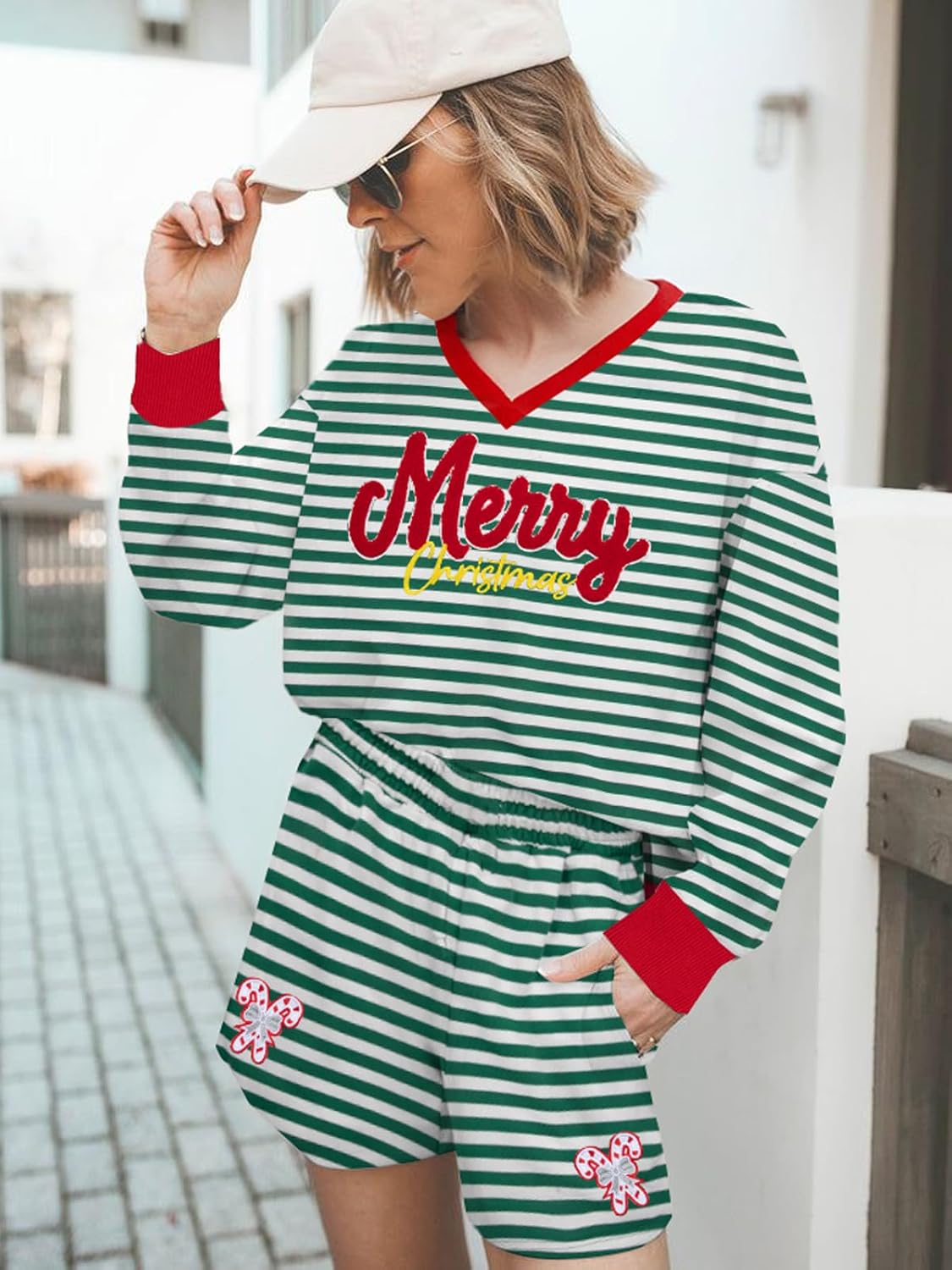 LUKYCILD Women Striped Christmas Sets V Neck Lounge Short Set Matching Sweatsuit with Pockets Casual Xmas Pjs 2 Piece Outfits - Image 3