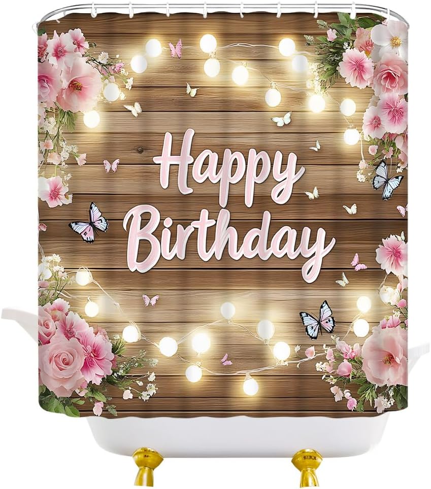 Happy Birthday Shower Curtain Rustic Wooden Board Birthday Party Background Pink Floral Fabric Bathroom Decor Curtain with Hooks, 70Wx90H