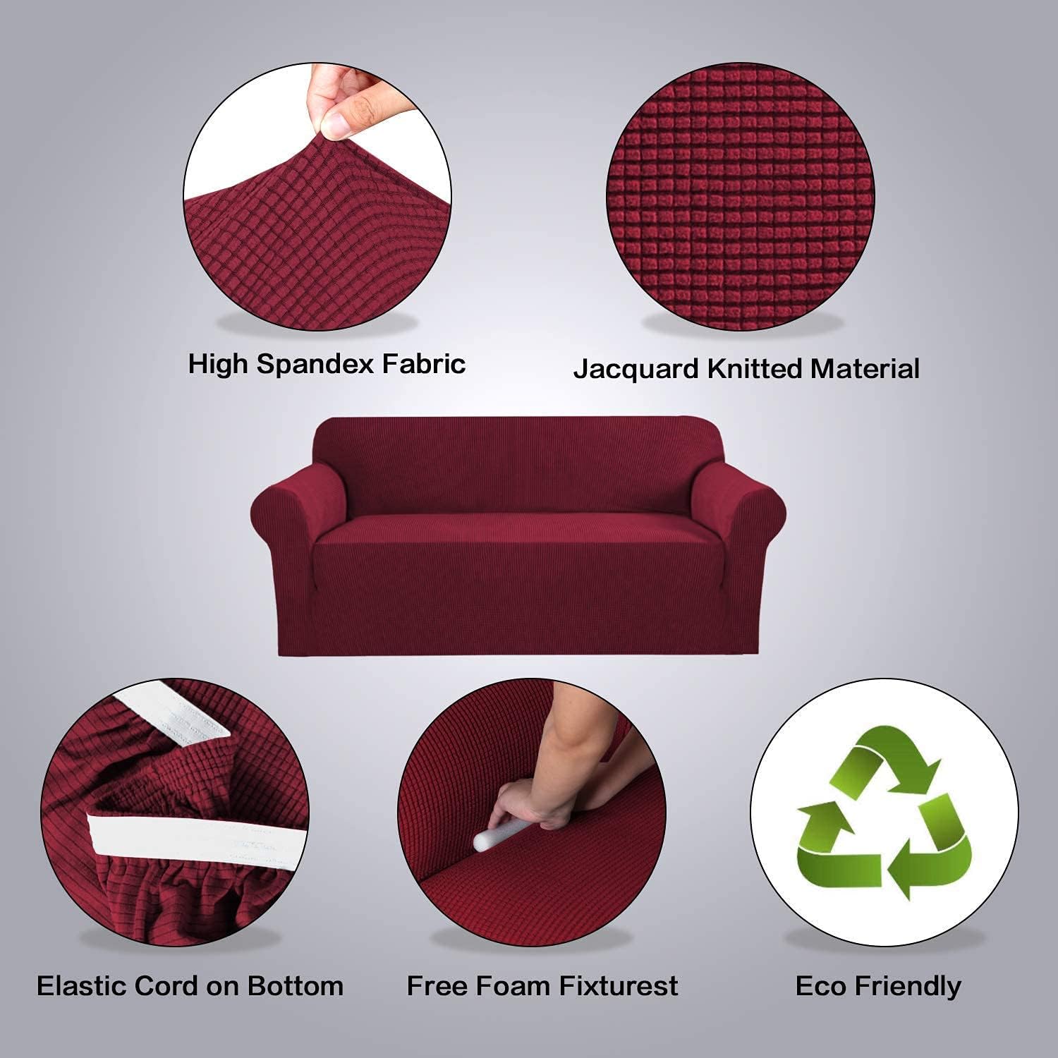 H.VERSAILTEX Stretch Sofa Cover for 3 Cushion Couch Bundle Stretch Recliner Slipcovers 1-Piece, Burgundy