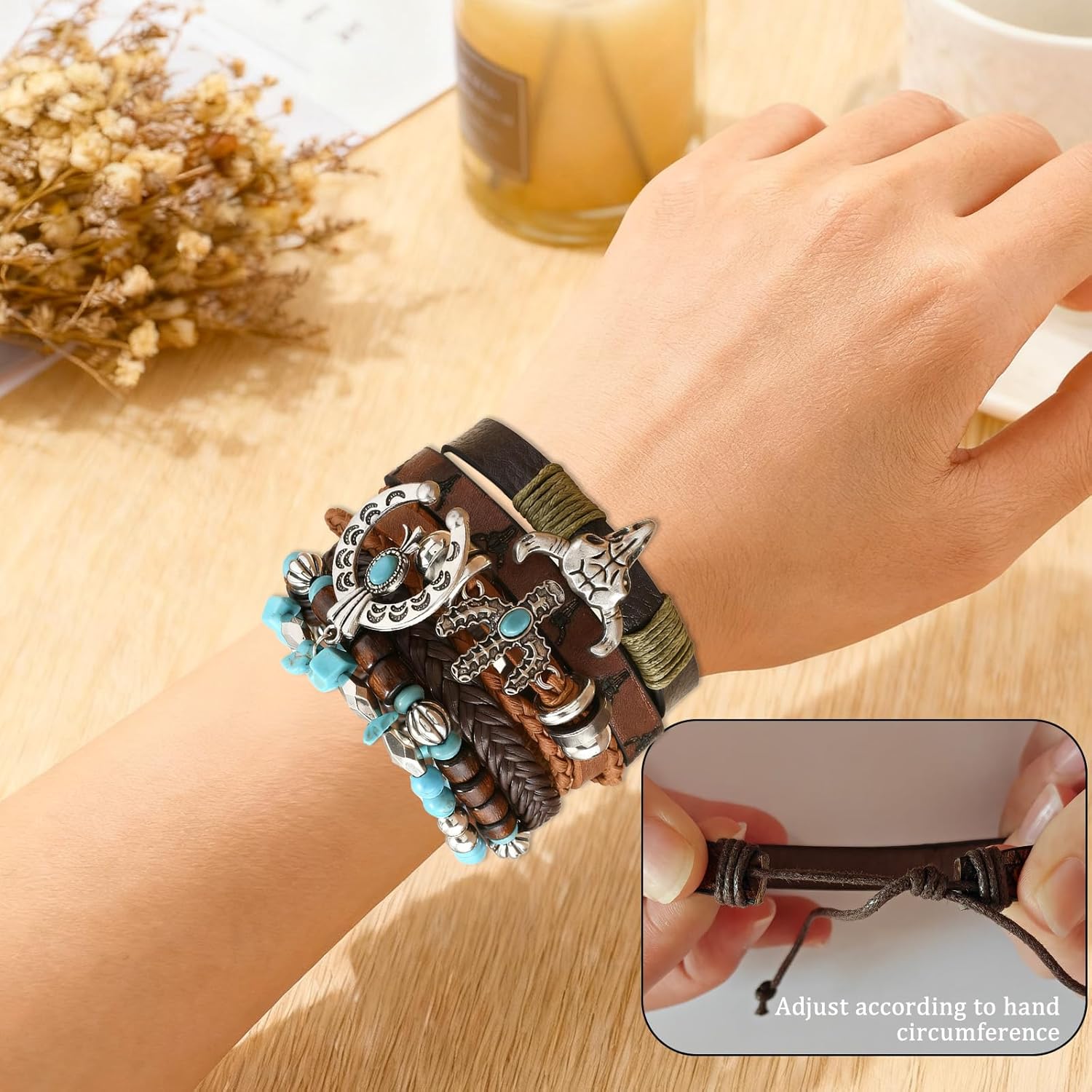 Western Bracelet for Women,Bohemian Cowgirl Turquoise Beaded Stretch Bracelets,Vintage Stackable Bull Head Cowboy Boots Feather Bracelets Set,Country Ethnic Western Jewelry Accessories for Women Men - Image 4