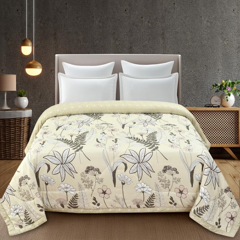 Image of Florida Cream Floral Polycotton Double Bed AC Comforter with 1 Bedsheet & 2 Pillow Covers | Lightweight Reversible 4 Pc Bedding Set
