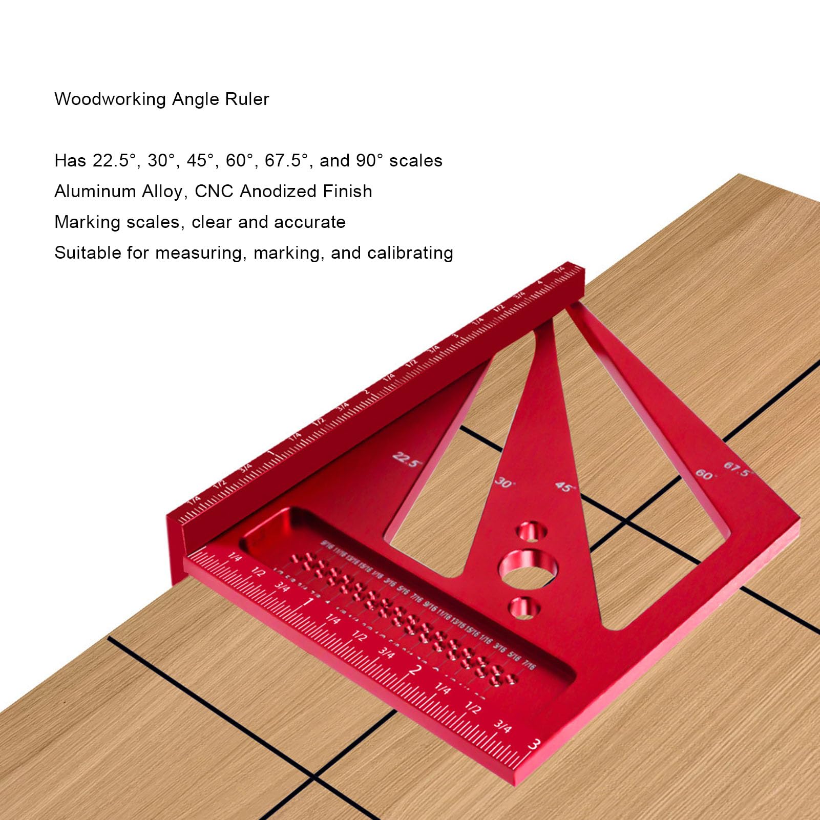 ANKROYU Woodworking Square Ruler, Aluminum Alloy Right Angle Ruler, Woodworking Scribing Ruler, Multi Angle Measuring Ruler for Construction (Red)