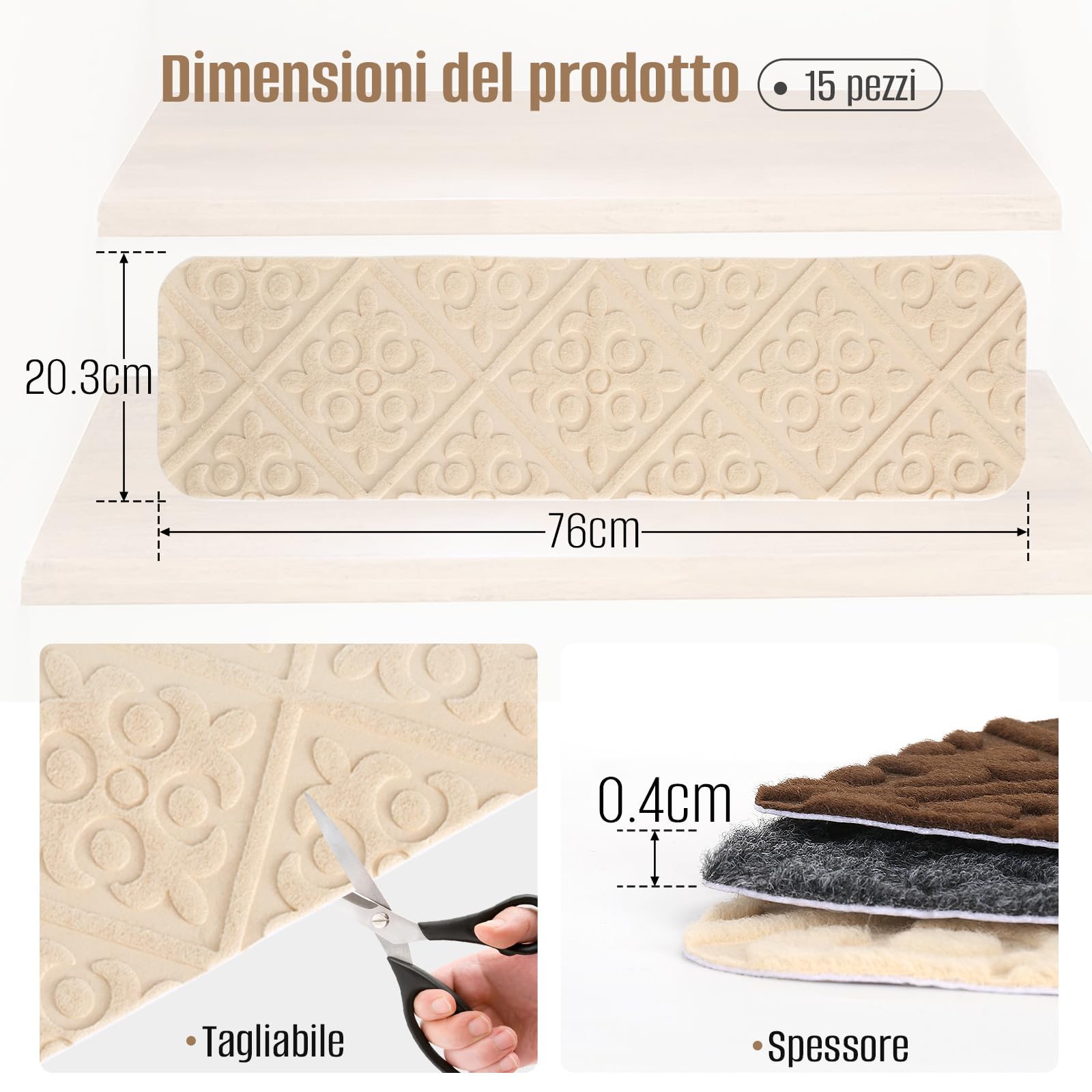Tappetini per gradini, autoadesivi, antiscivolo, per scale, 15 pezzi, 76 x 20 cm, per interni, ideali per bambini, anziani e animali domestici (fiori quadrati)