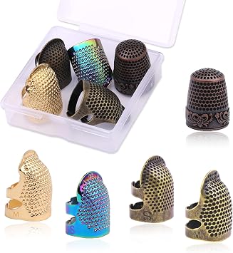 5 Pcs Sewing Thimbles Kit, Adjustable Sewing Thimbles for Hand Sewing, Metal Finger Protector for Hand DIY, Red Bronze Metal Shield, DIY Sewing Tools Accessories, Thimble Ring for Quilting