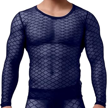 Mens Sheer Long Sleeve Shirt Mesh Diamond Athletic Casual Slim Fit Training Top M-XL