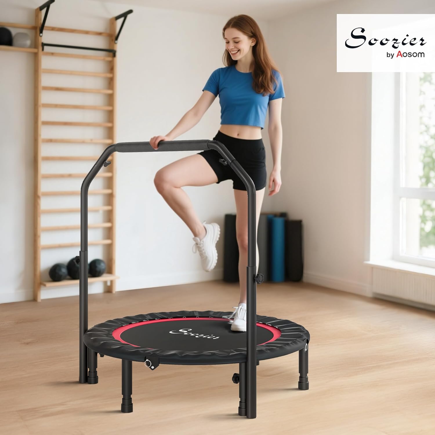 Similar product not like stockphotoSoozier 40\" Foldable Mini Trampoline, Rebounder Trampoline for Adults with Adjustable Foam Handle and Resistance Bands, Fitness Rebounder for Indoor Outdoor Workout, Max Load 330 lbs Red 40\"
