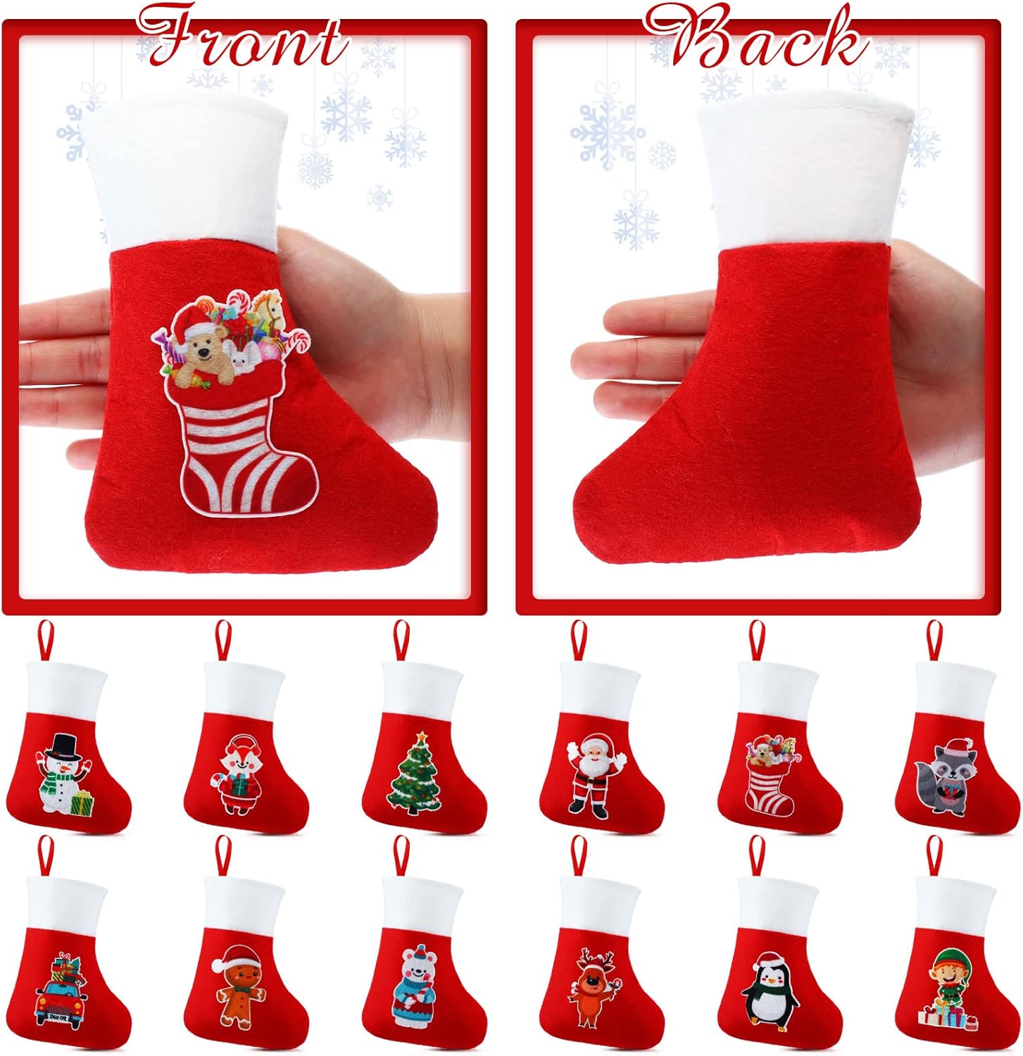 Supervitae 48 Pcs Mini Christmas Stockings Small Stockings Bulk Red Felt Mini Stockings Traditional Stockings Christmas Stocking Holder Reindeer Santa Snowman Stockings Ornaments for Home Gifts Decor