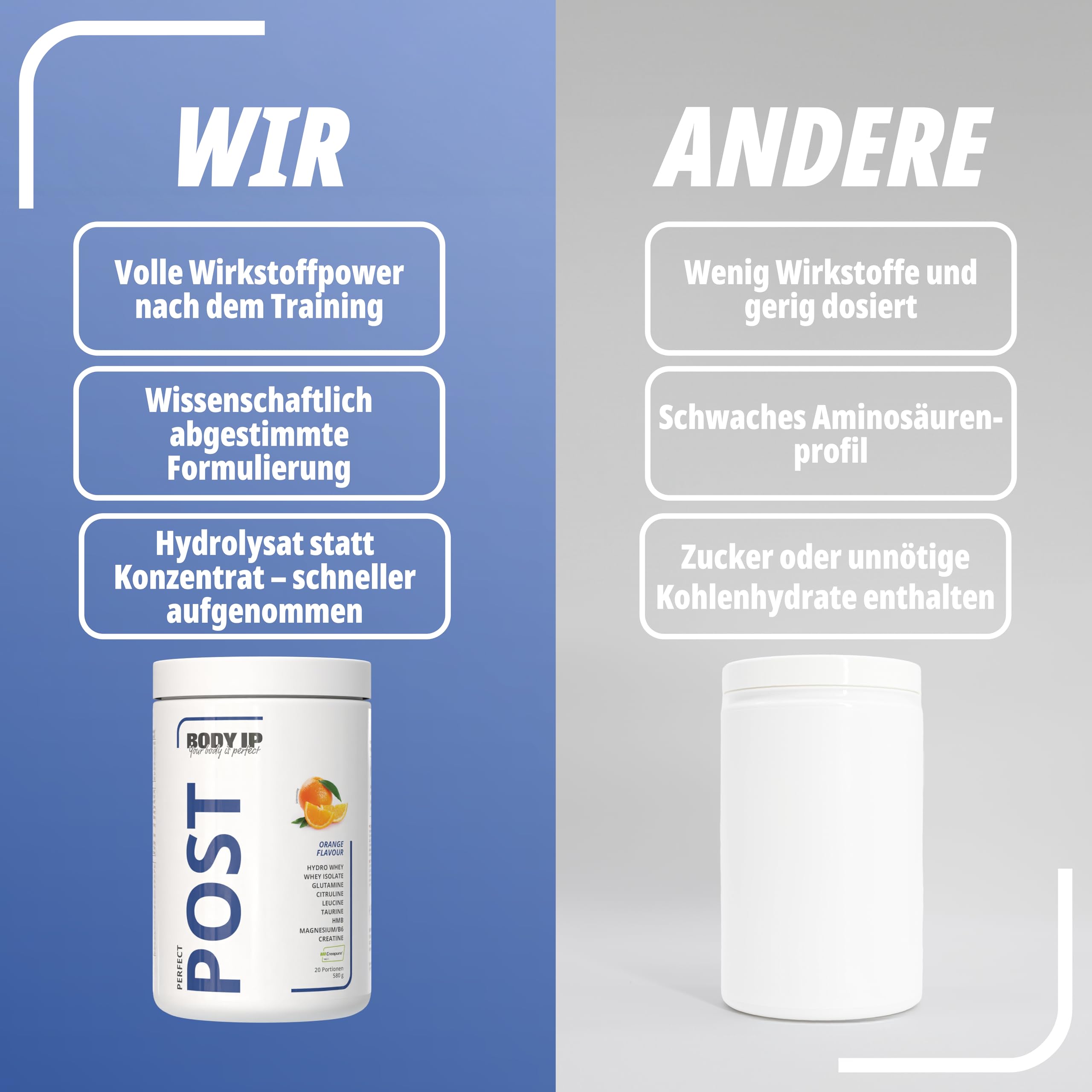 BODY IP Perfect Post 2.0 | Orange | Post Workout Shake 580g | Enthält EAAs, Glutamin, Leucine, Citrullin, Taurin, HMB, Magnesium & Vitamin B6 und 3,4g Creatine Monohydrat pro Portion