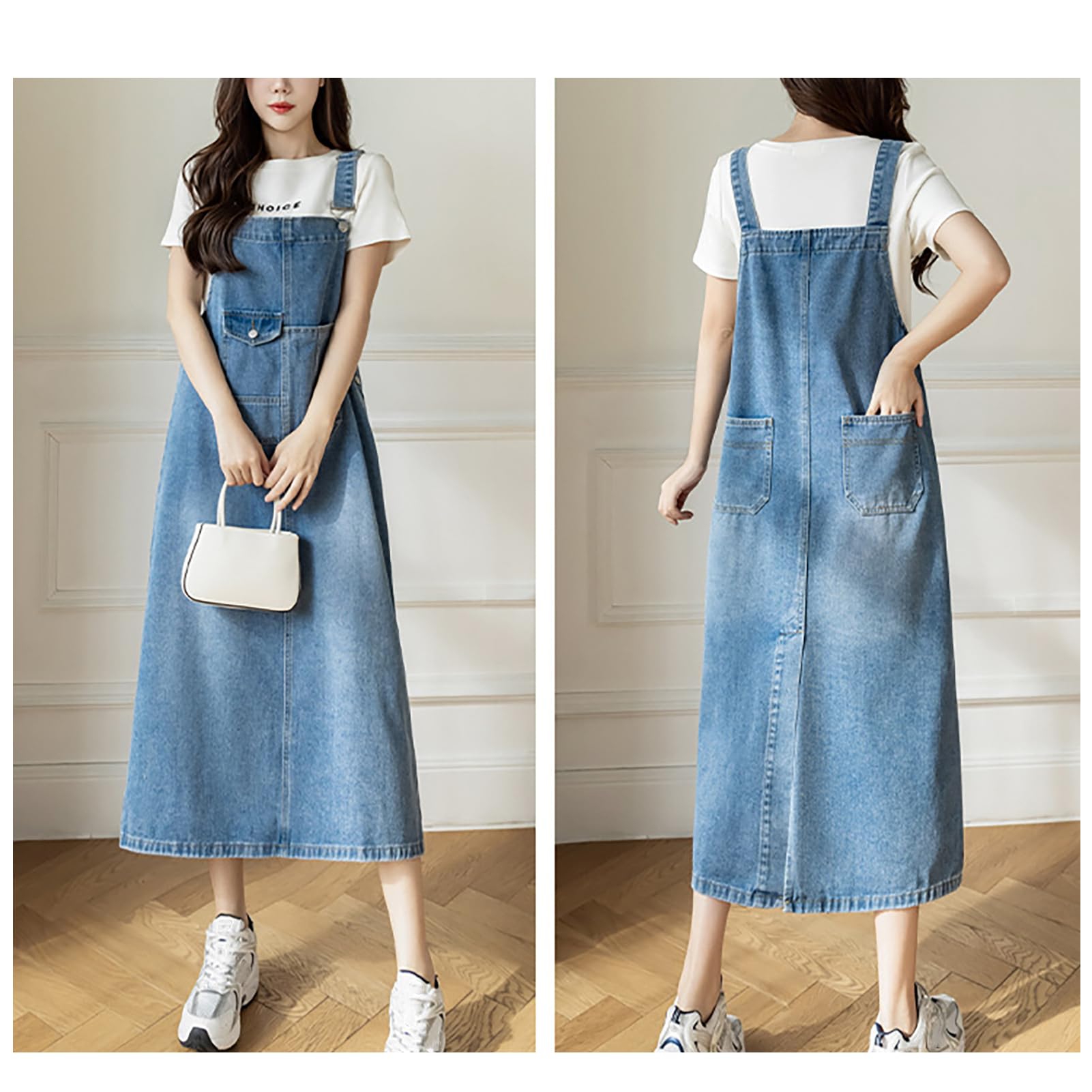 Robe Salopette Femme Mid Longue Robes en Denim Casual Jeans Combinaiso Robe Grande Taille
