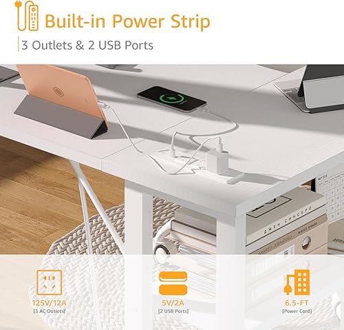 Miniatura 6 de DLisiting Escritorio blanco en forma de L para computadora con tomacorriente y estantes, escritorio de esquina pequeño de 40 pulgadas para espacios